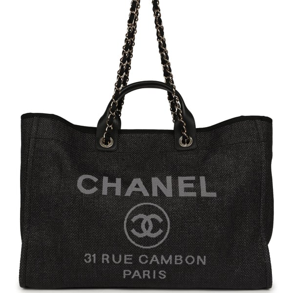 Chanel Large Deauville Shopping Tote Black, Grey Raffia, Black Canvas Light Gold Hardware
