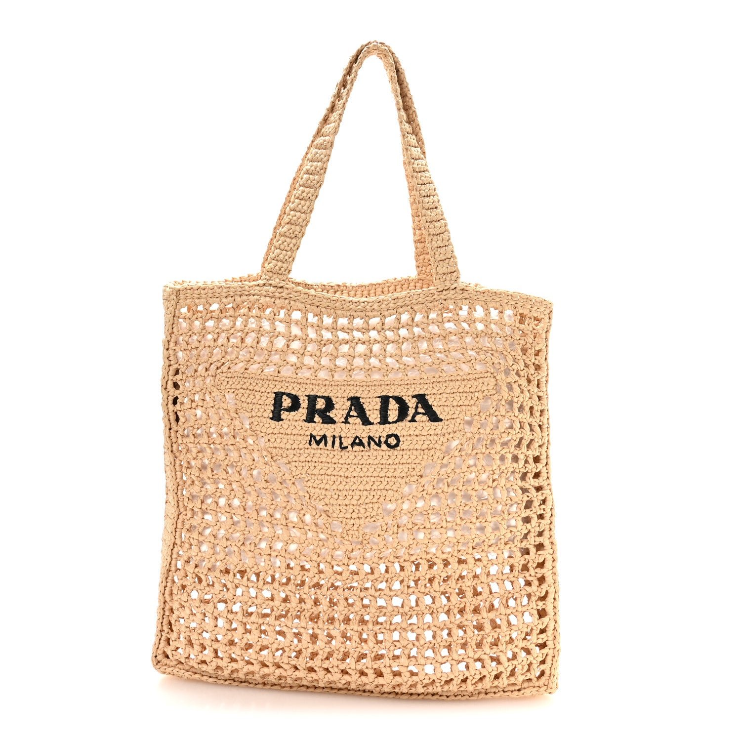 Prada Yarn Raffia Effect Crochet Logo Embroidered Tote Bag Naturale