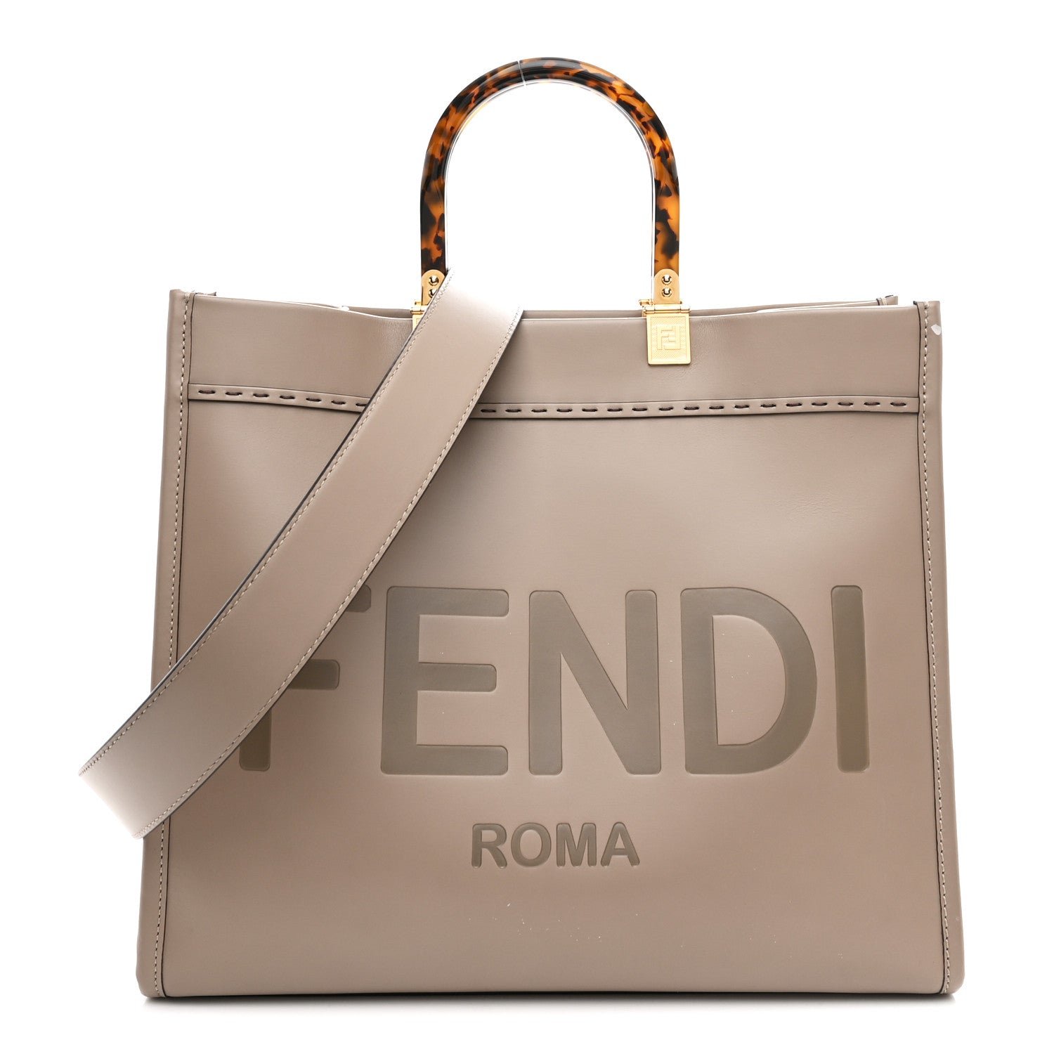 Fendi Vitello King Plexiglass Logo Embossed Medium Fendi Sunshine Shopper Tote Tortora
