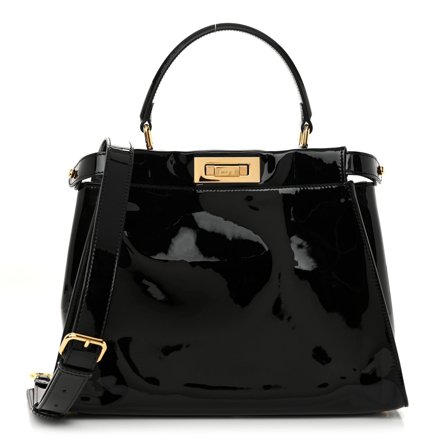 Fendi Patent Glazed Fabric FF 1974 Medium Peekaboo Iconic Defender Satchel Mogano Panna Black