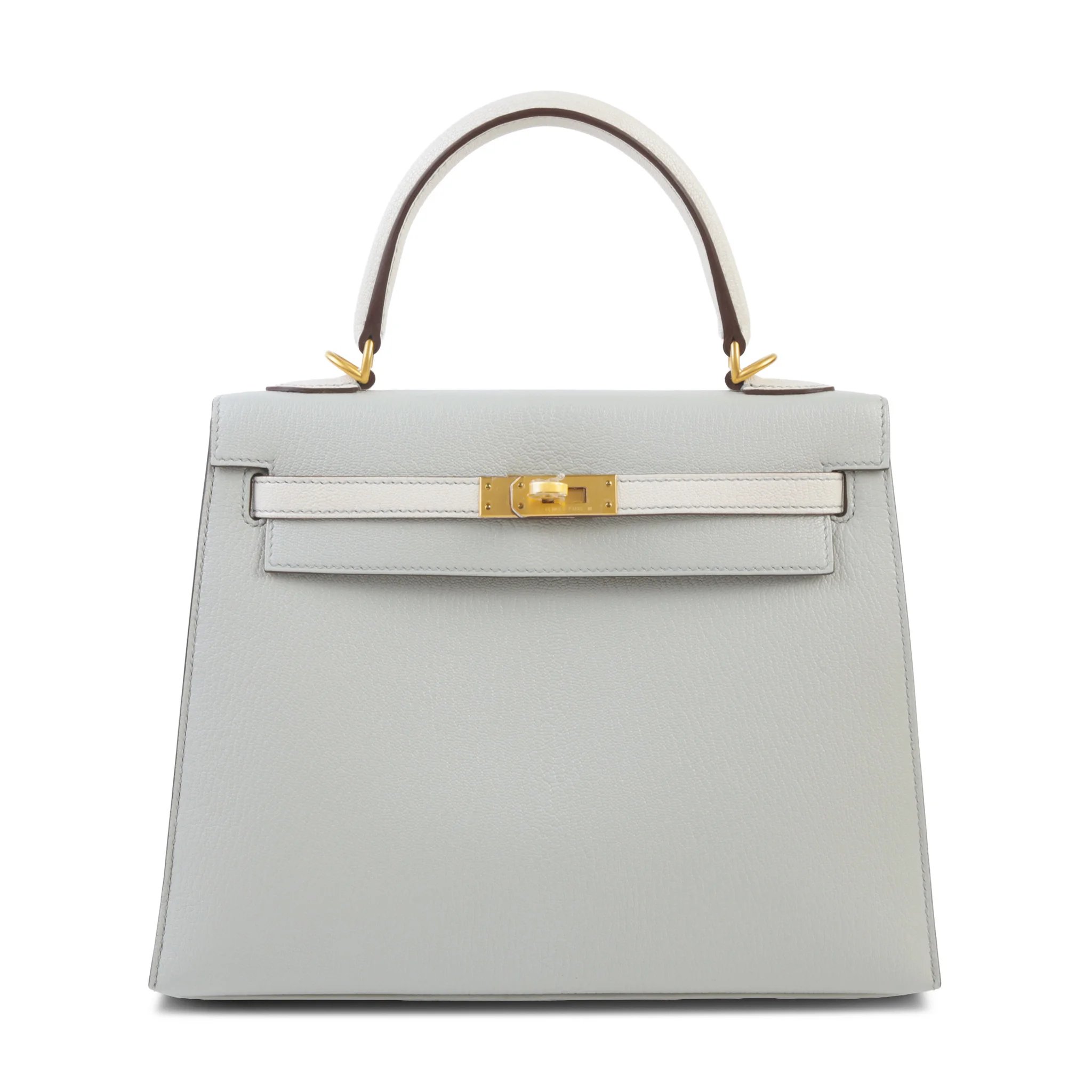 Hermes Special Order Kelly 25 Sellier Gris Perle (80) Craie (10) Chevre Mysore Brushed Gold hardware U (2022)