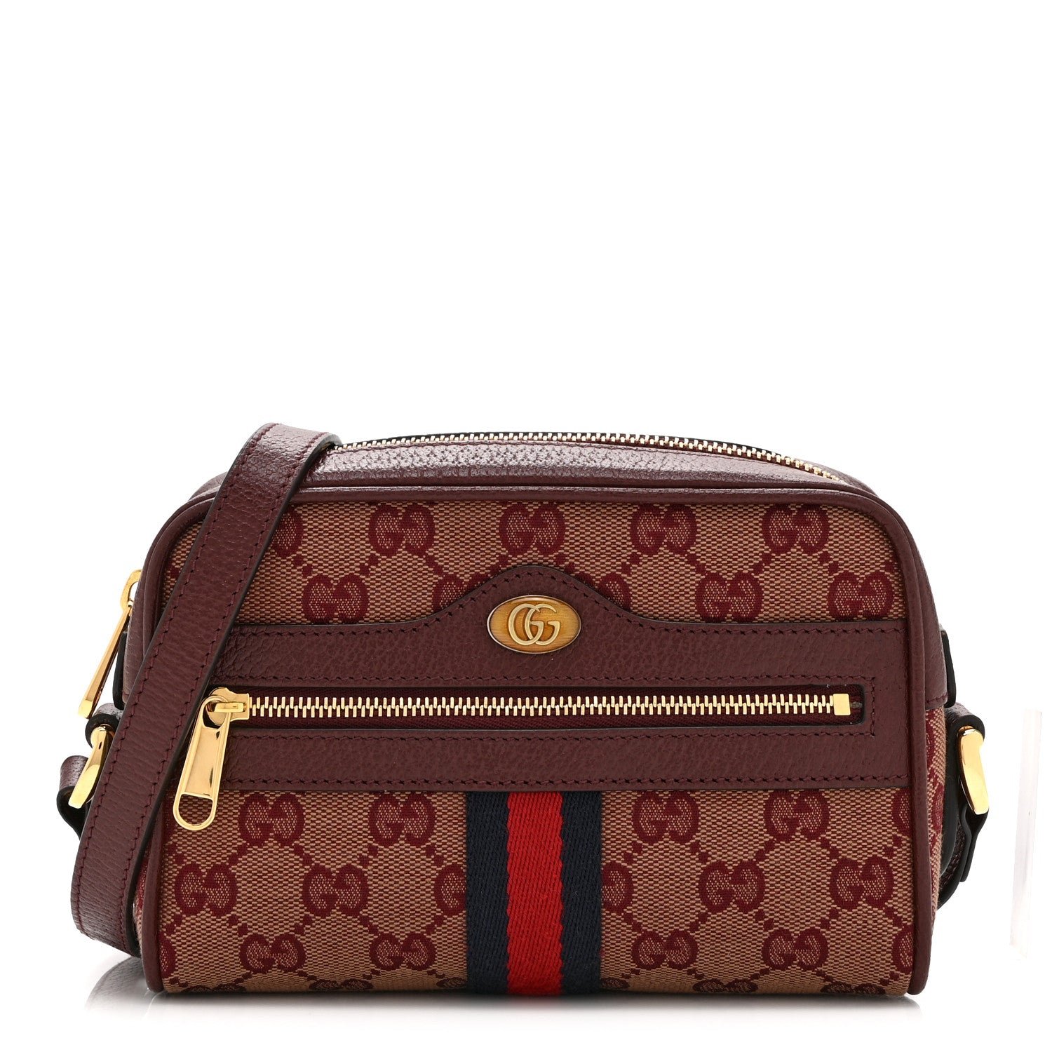 Gucci Monogram Textured Dollar Calfskin Web Mini Ophidia Shoulder Bag Sahara Rubino Chardonnay