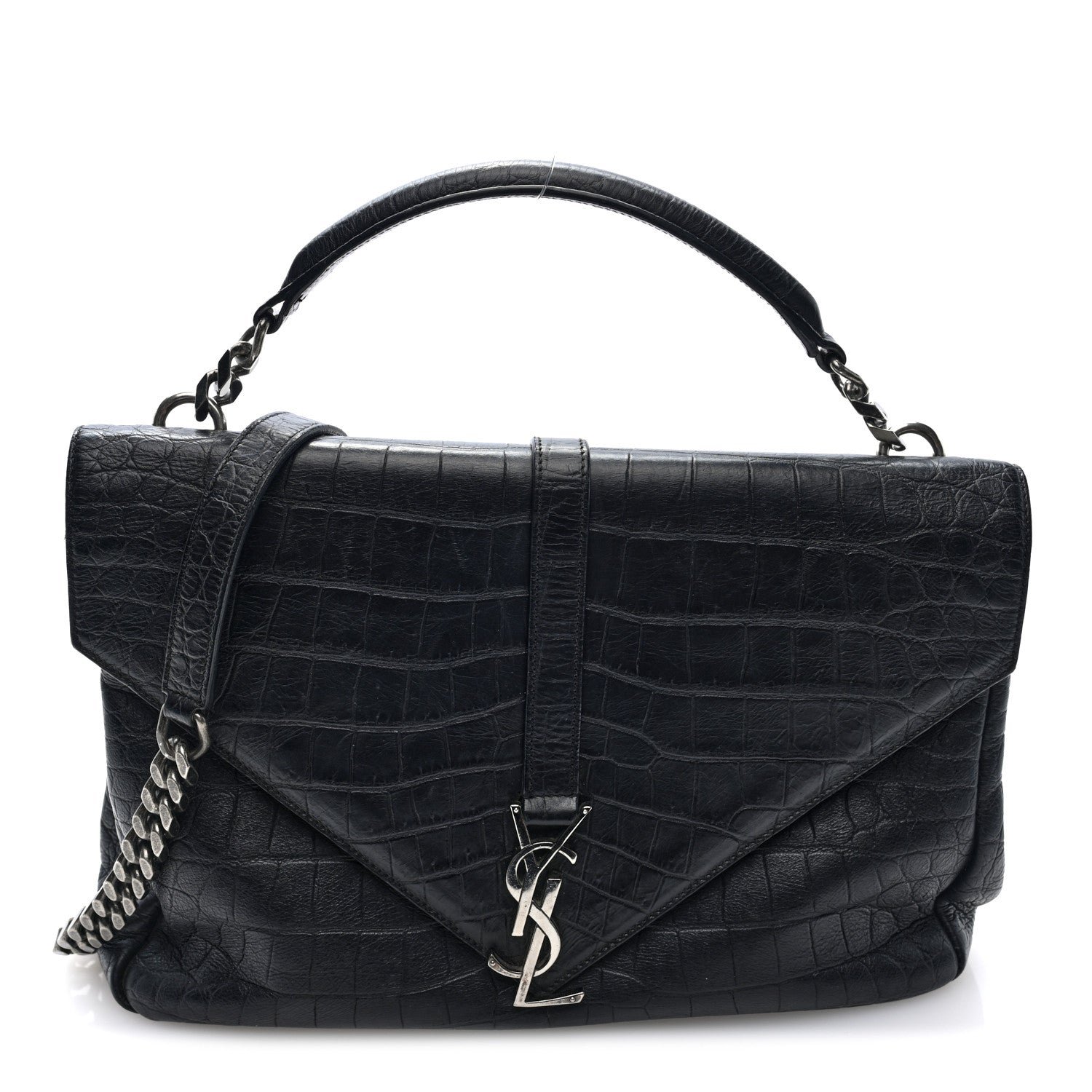 Saint Laurent Calfskin Crocodile Embossed Large College Monogram Satchel Black