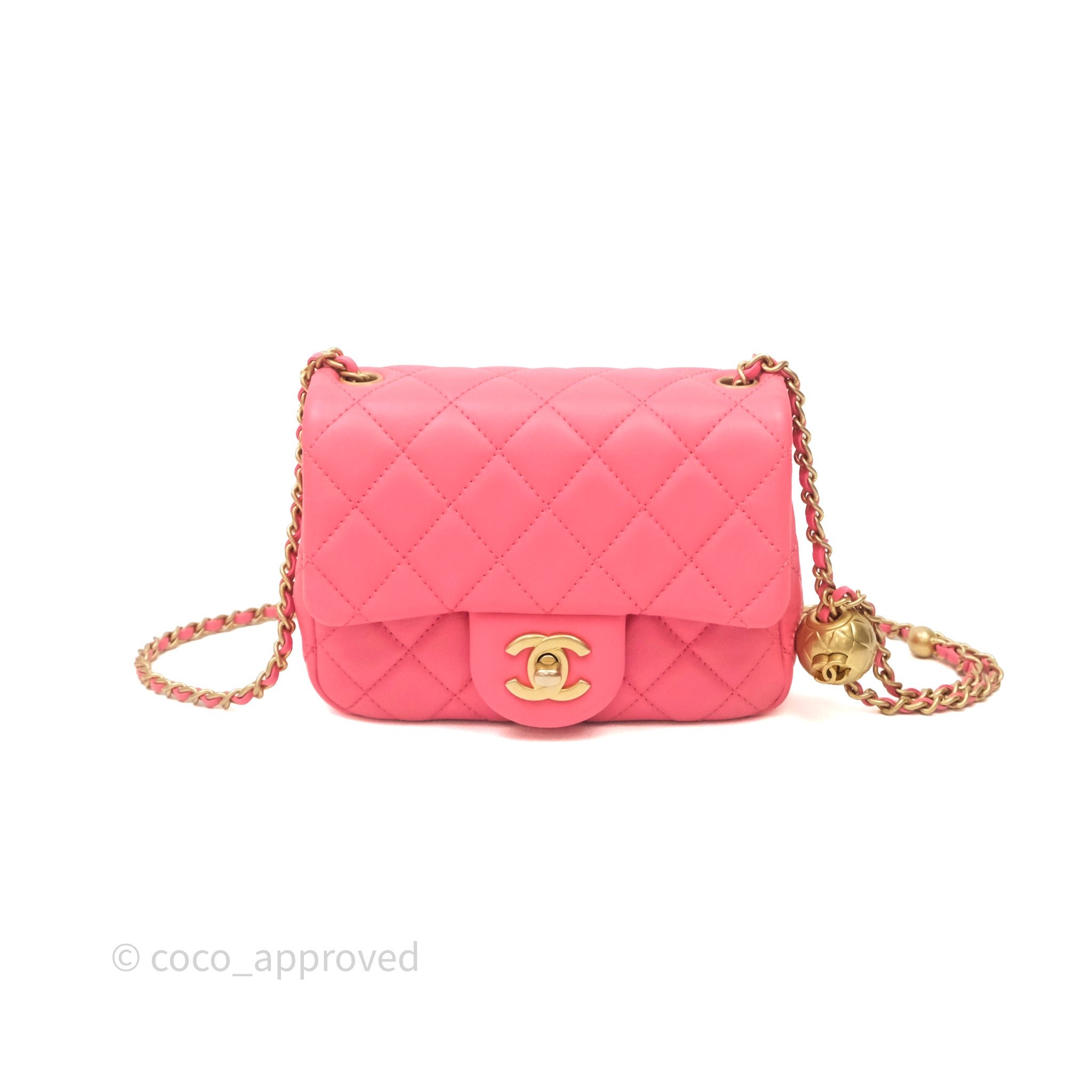 Chanel Pearl Crush Mini Square Quilted Pink Lambskin Aged Gold Hardware