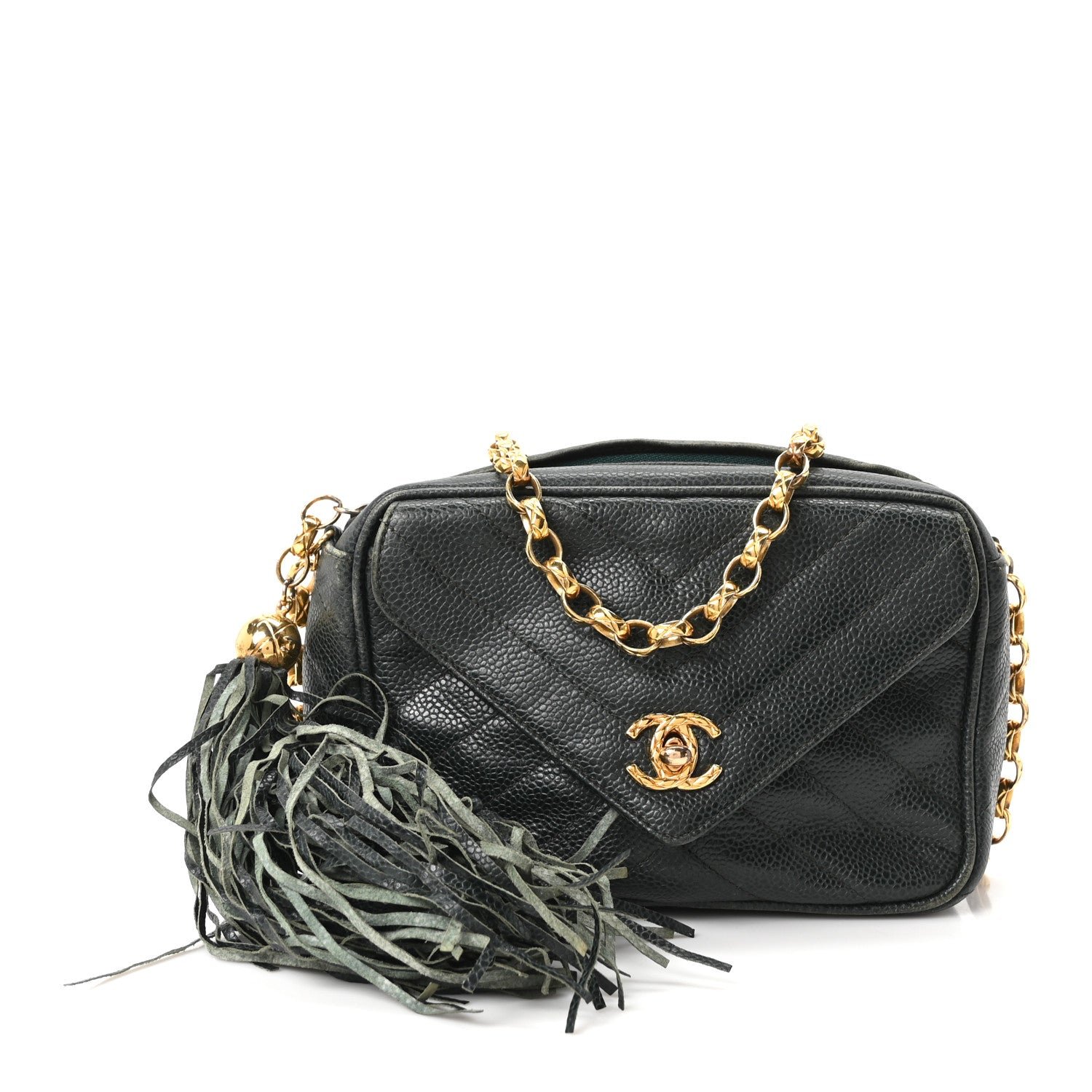Chanel Caviar Chevron Quilted Tassel Camera Case Dark Green