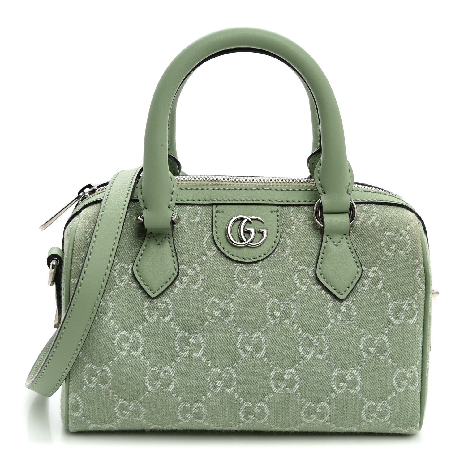 Gucci Denim GG Monogram Calfskin Mini Ophidia Top Handle Bag Pale Green