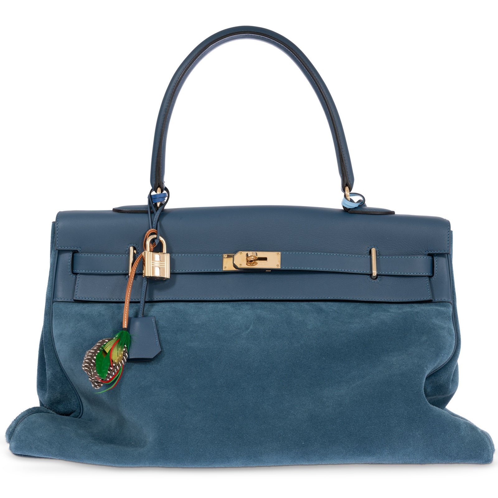 Hermès Kelly Relax 50 Grizzly Bleu Thalassa Doblis Suede and Swift Permabrass Hardware