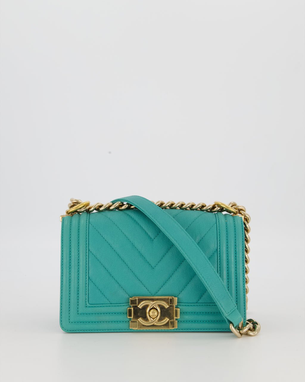 Chanel Mini Boy Bag in Teal Caviar Chevron Leather with Brushed Gold Hardware