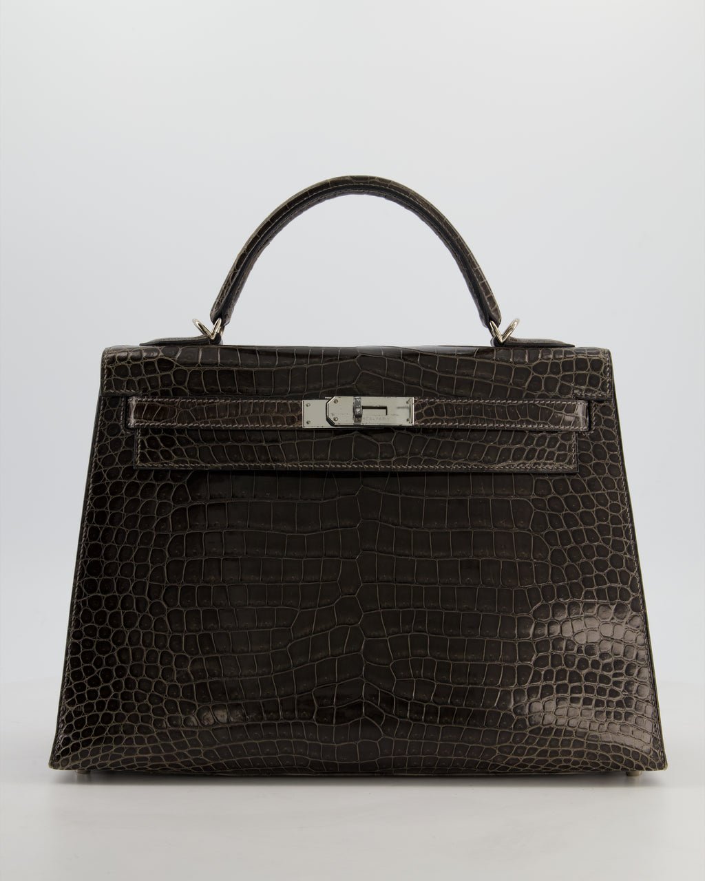 Hermès Vintage Kelly 32 Sellier Bag in Graphite Shiny Porosus Crocodile Leather with Palladium Hardware