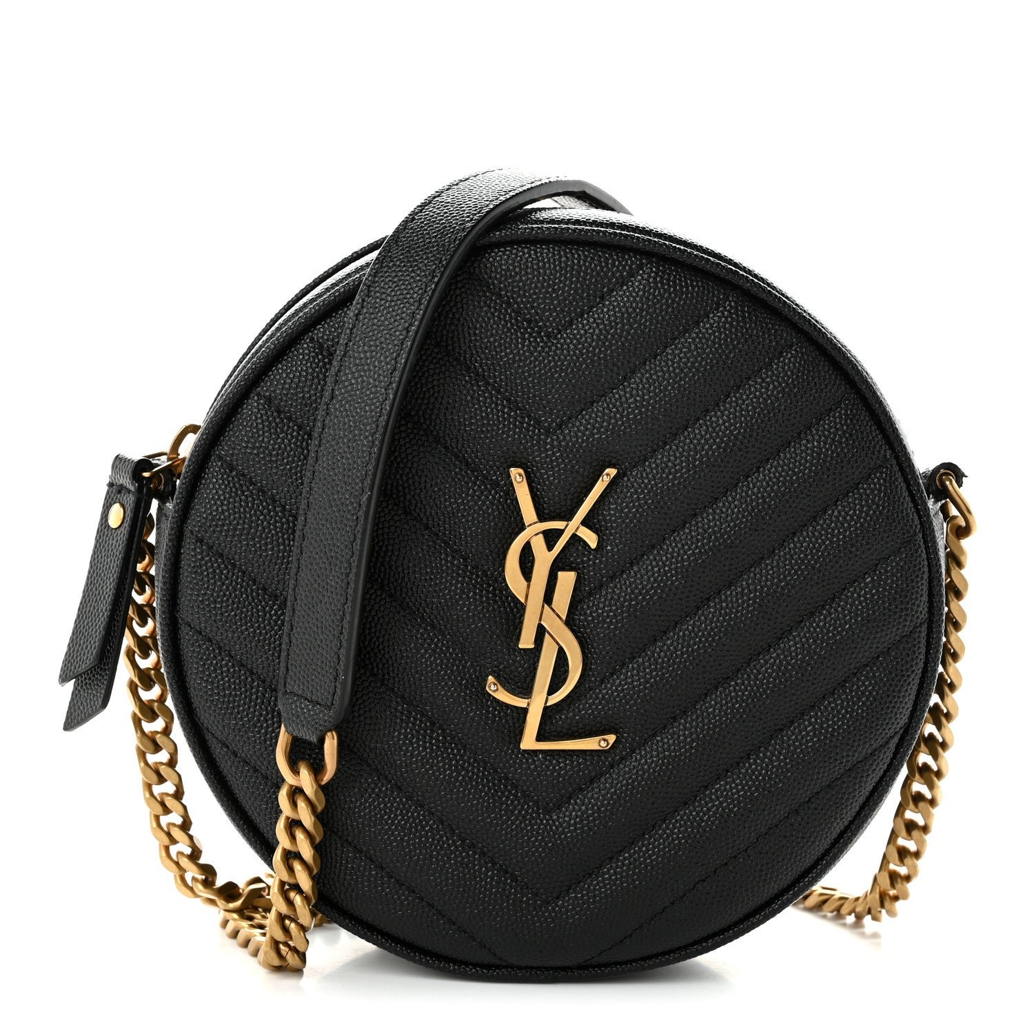 Saint Laurent Grain De Poudre Matelasse Chevron Quilted Round Vinyle Camera Bag Black
