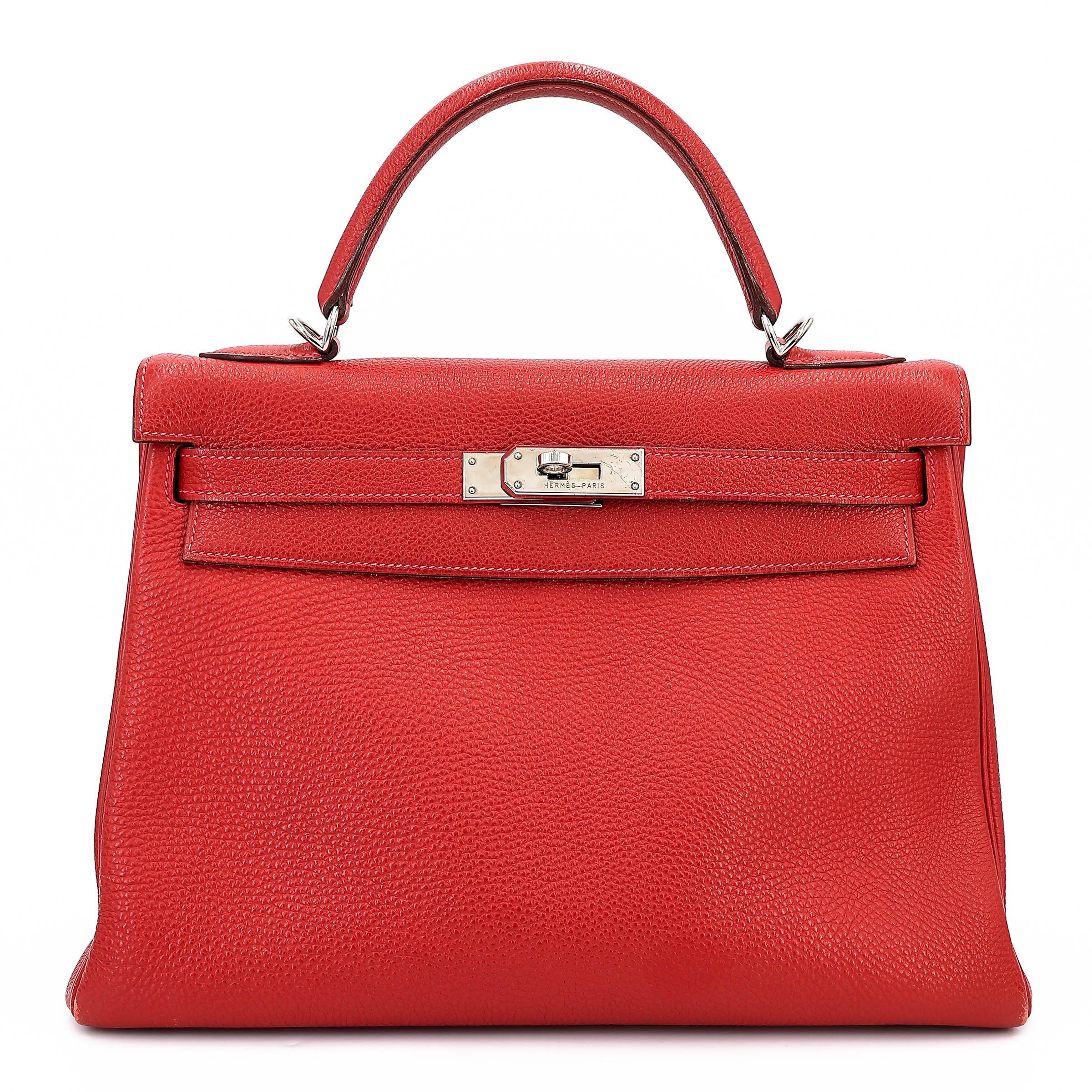 Good ( Rank AB) HERMÈS Kelly 32 Vermillon (5E) Togo Palladium hardware Square H (2004)