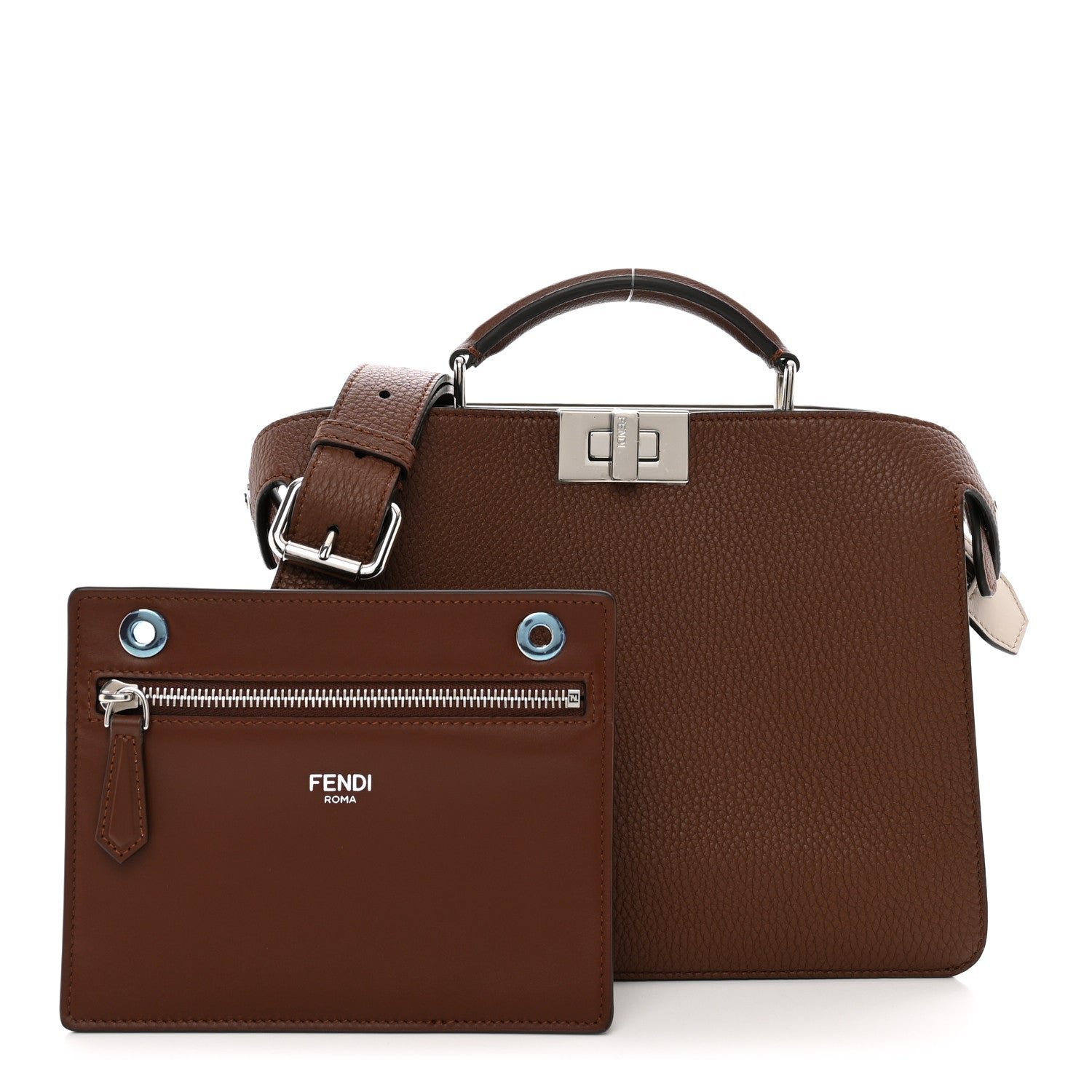 Fendi Cuoio Romano Vitello Cover Glazed Fabric Bi-Color FF 1974 Mini Peekaboo I SEE U Satchel Ghianda Grezzo