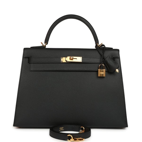 Pre-owned Hermes Kelly Sellier 32 Black Epsom Gold Hardware