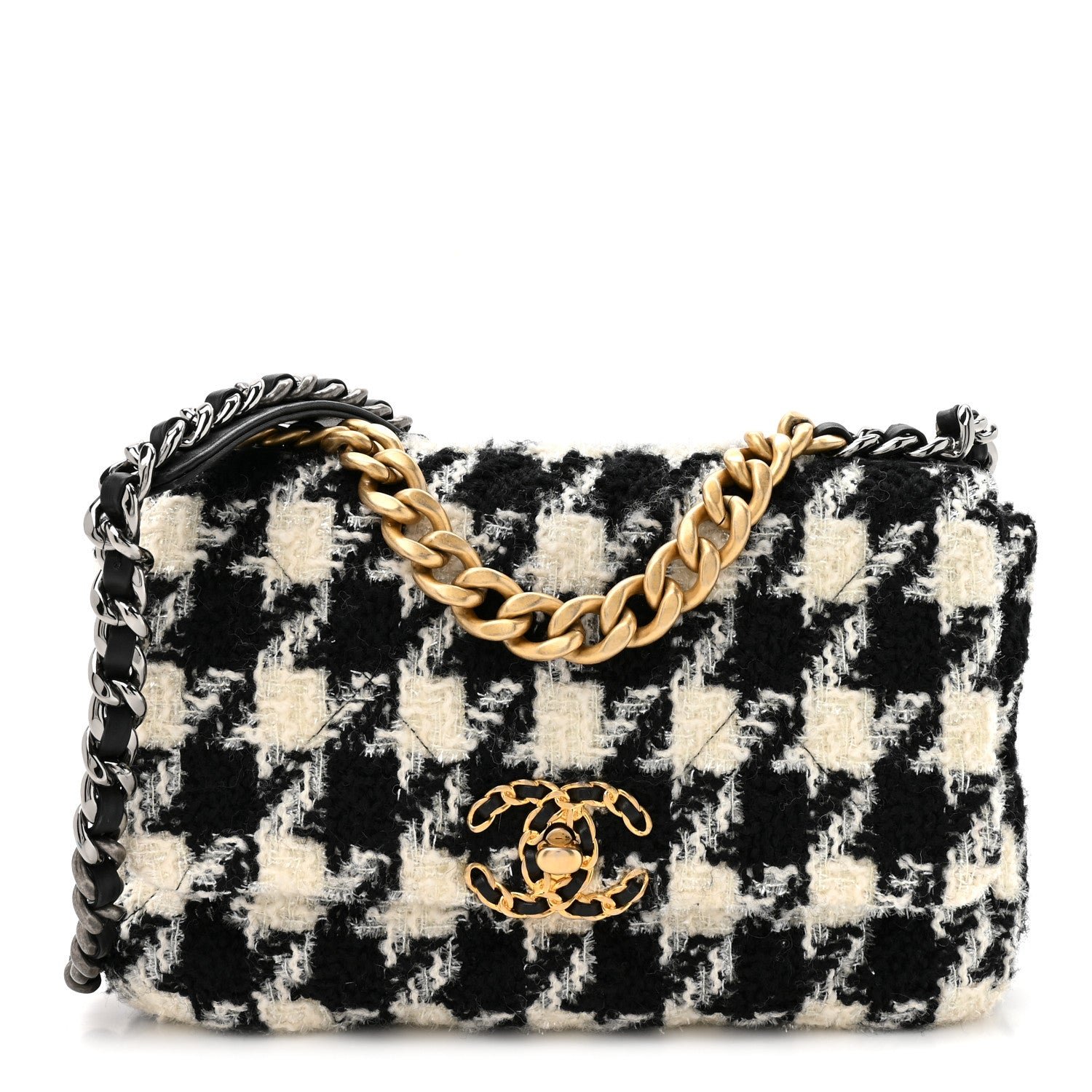 Chanel Tweed Quilted Medium Chanel 19 Flap Black Ecru White