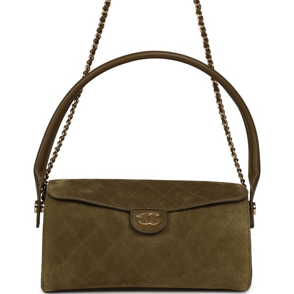 Chanel Barrel Clutch Bag with Chain Dark Khaki Suede and Calfskin Gold Hardware