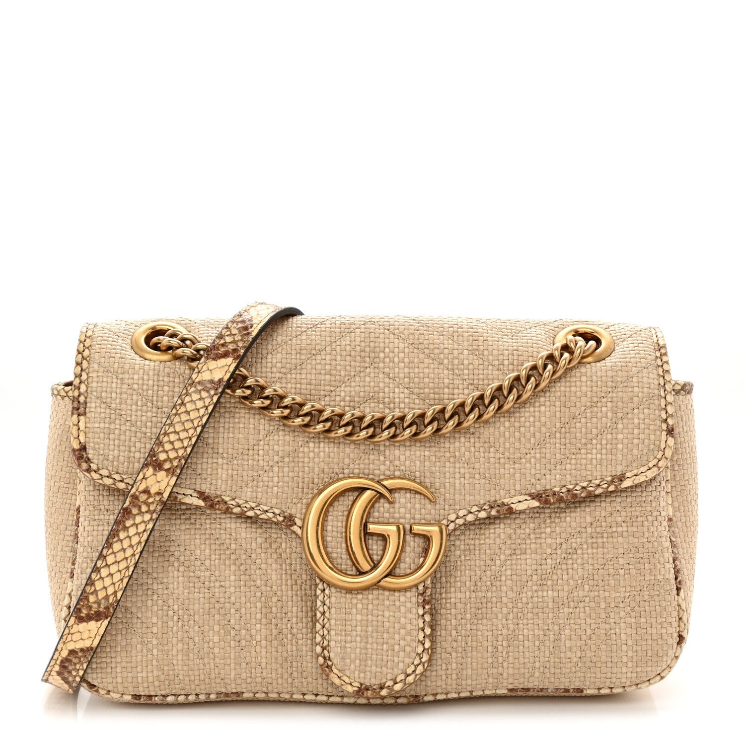 Gucci Raffia Elaphe Matelasse Small GG Marmont Shoulder Bag Natural Cream Brown