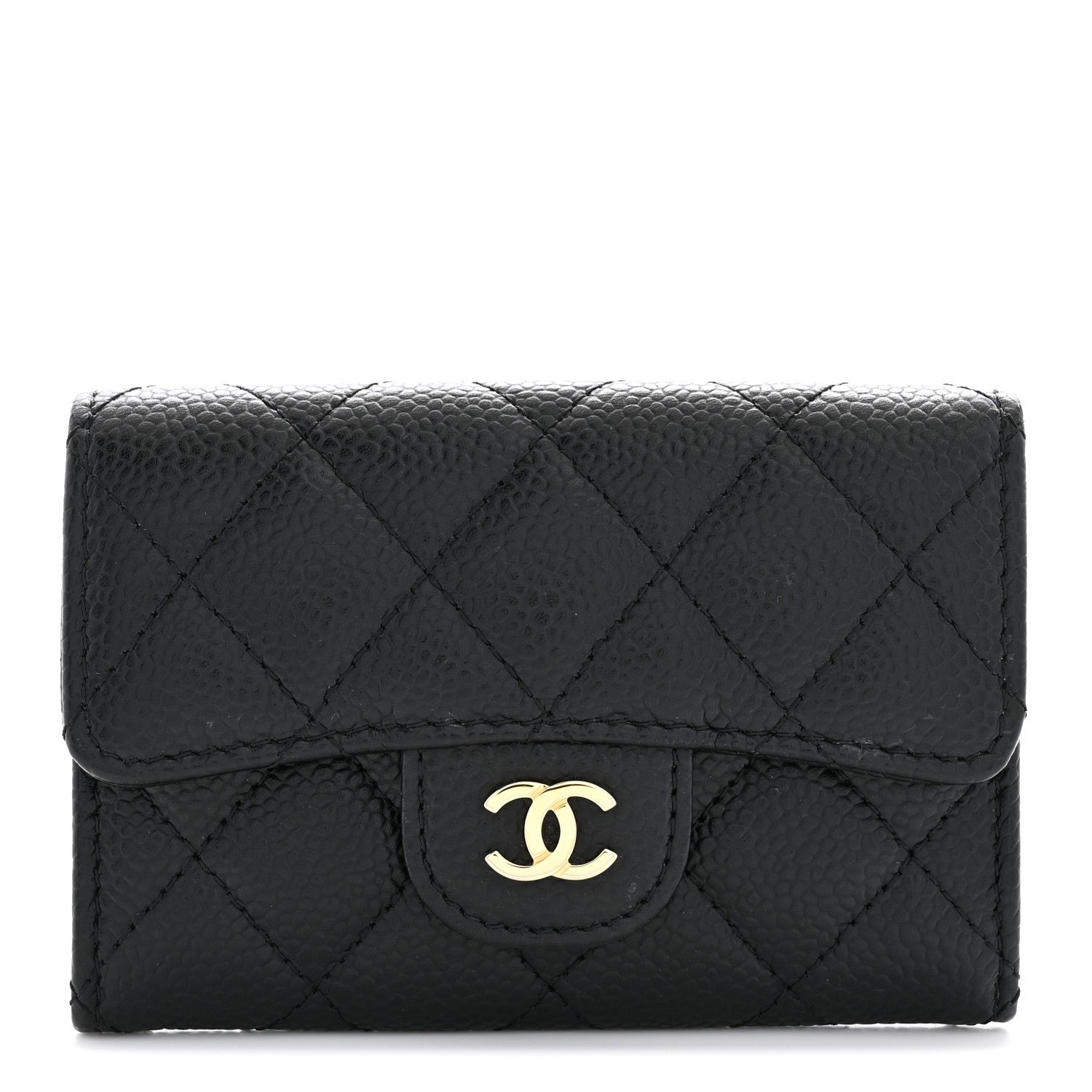 Caviar Quilted Flap Card Holder Wallet Black