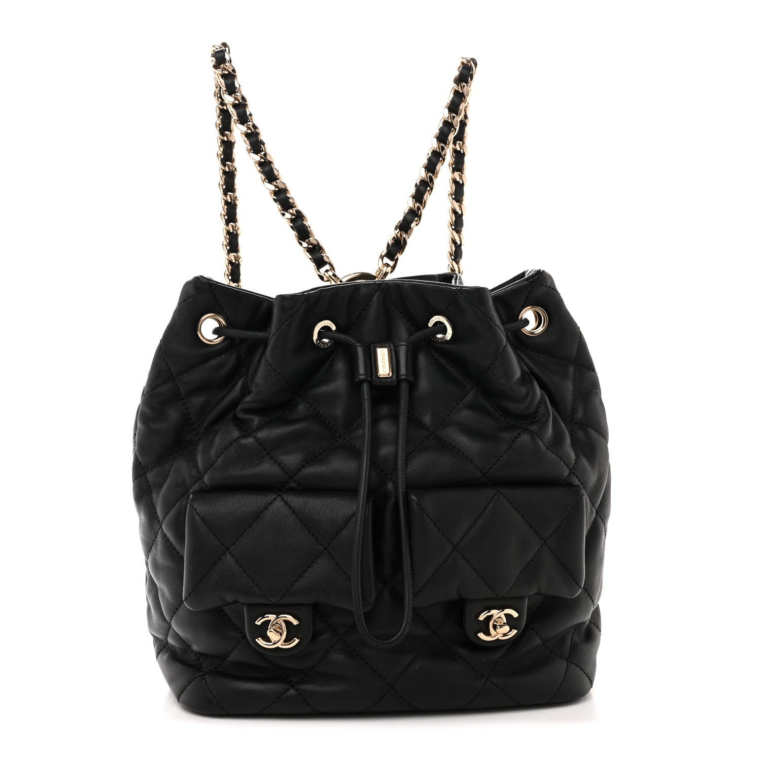 Chanel Calfskin Quilted Double Pocket Drawstring Backpack Black