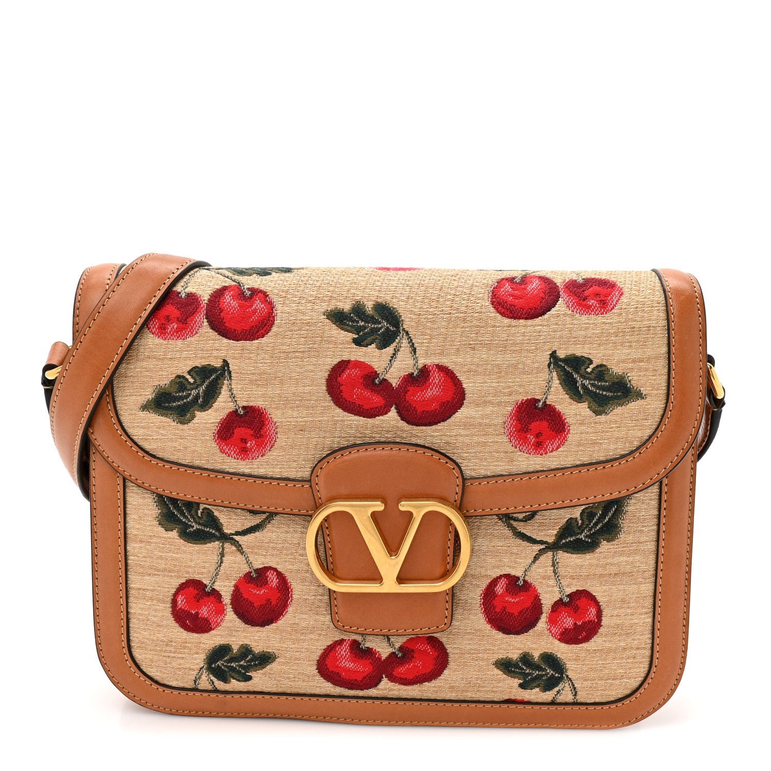 Valentino Garavani Jacquard Raffia Cherryfic 9to5 Shoulder Bag Natural Red