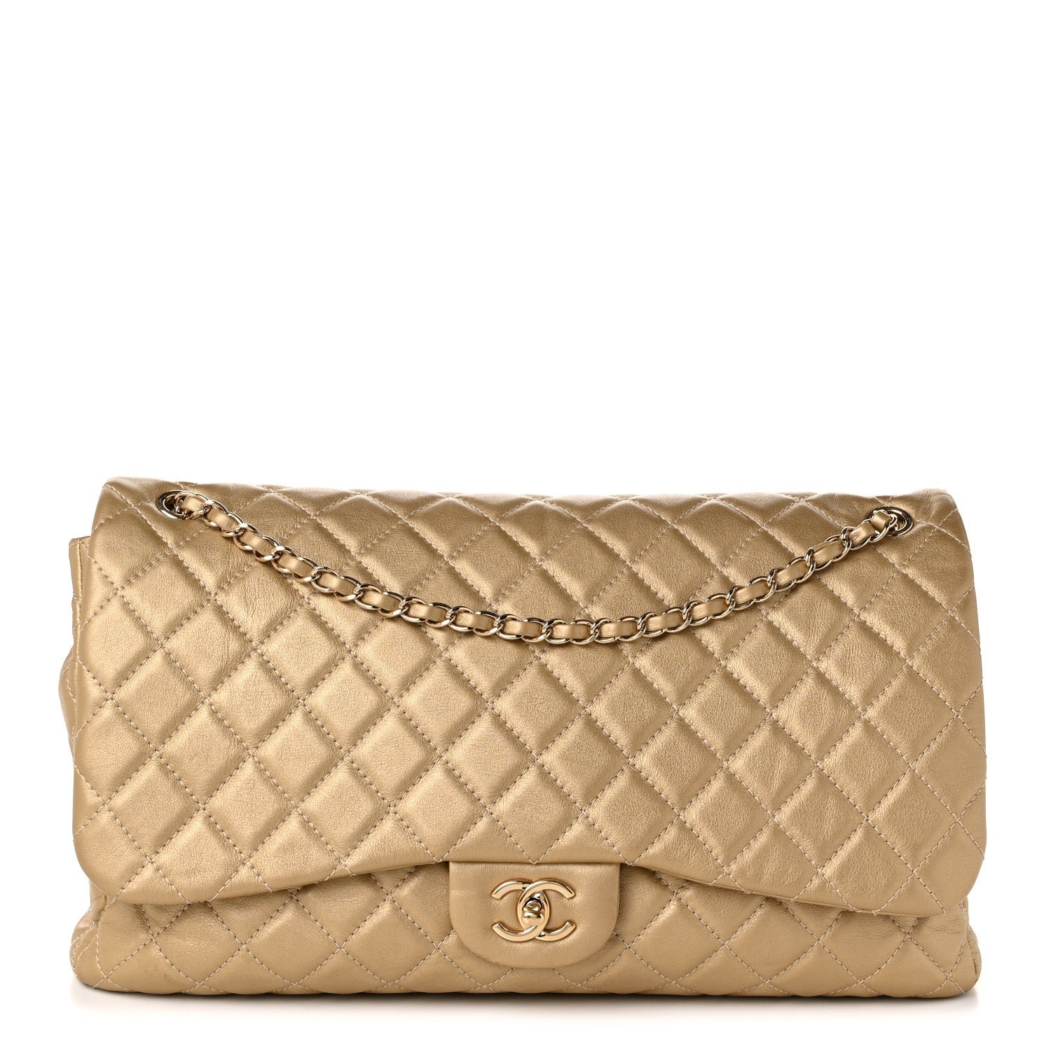 Chanel Metallic Calfskin Quilted Small XXL Travel Flap Bag Gold