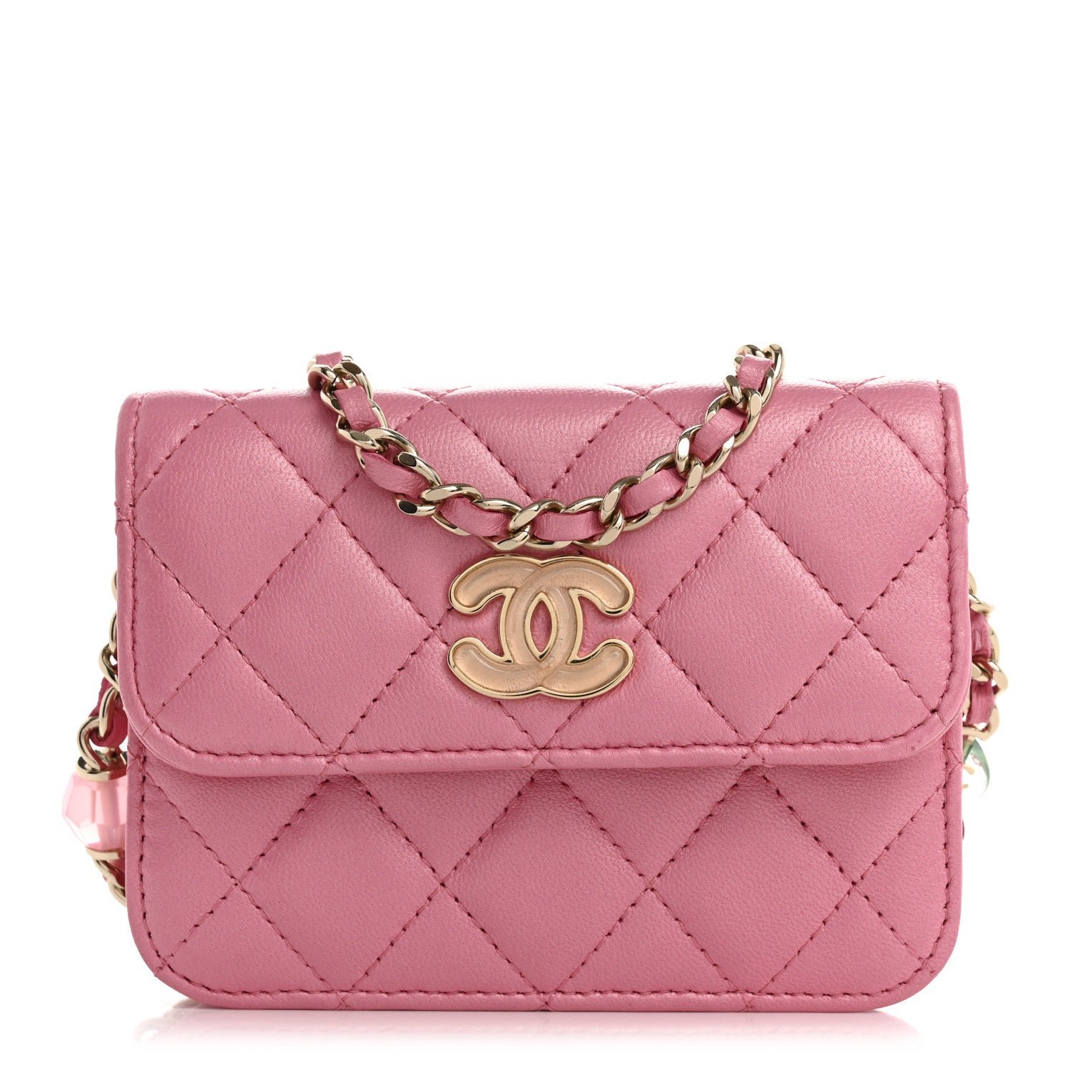 Chanel Iridescent Lambskin Quilted Heart Bead Clutch With Chain Pink