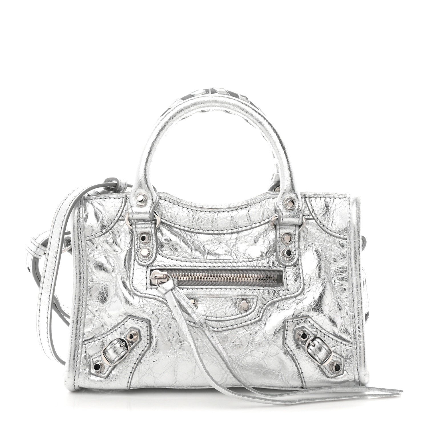 Balenciaga Metallized Arena Lambskin Classic Hardware Nano Le City Silver