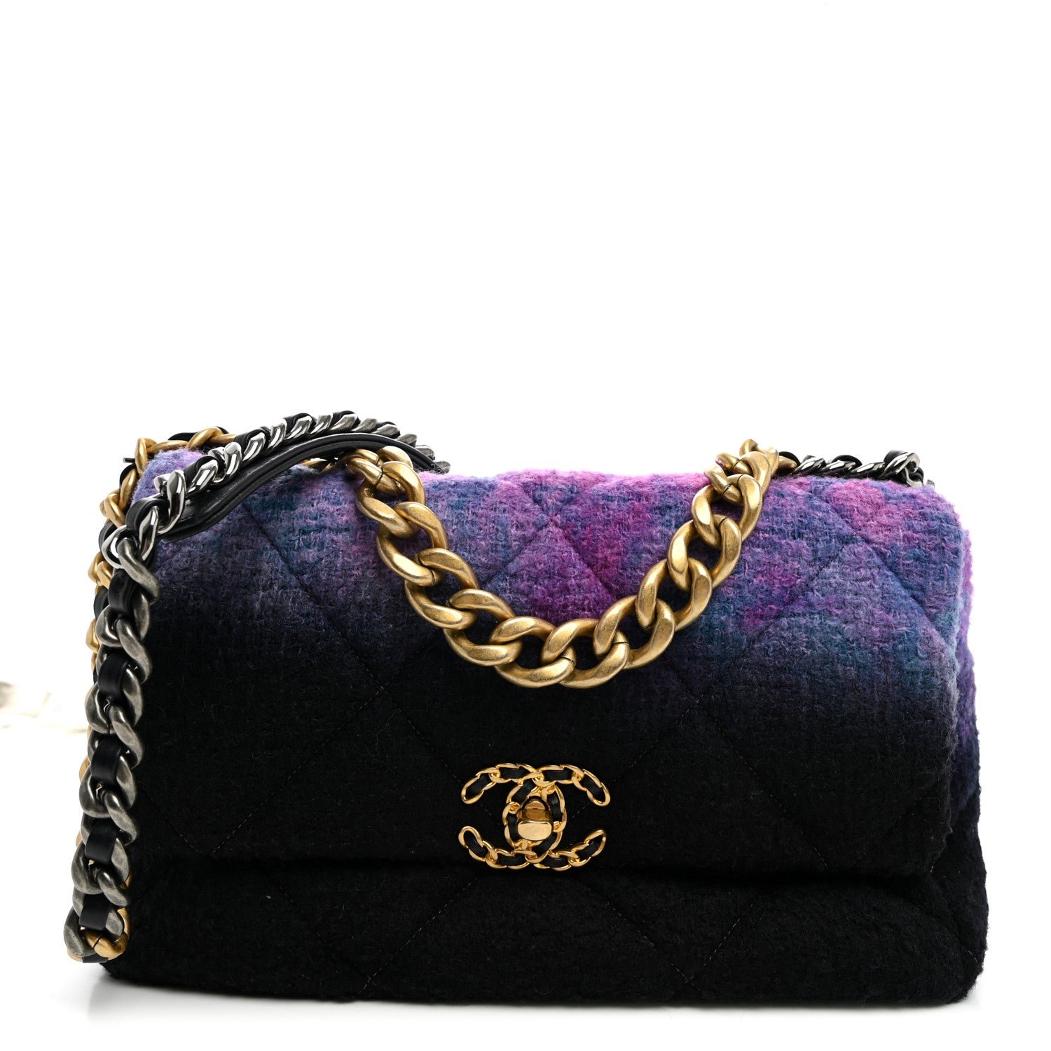 Chanel Wool Tweed Quilted Large Chanel 19 Flap Purple Black Blue