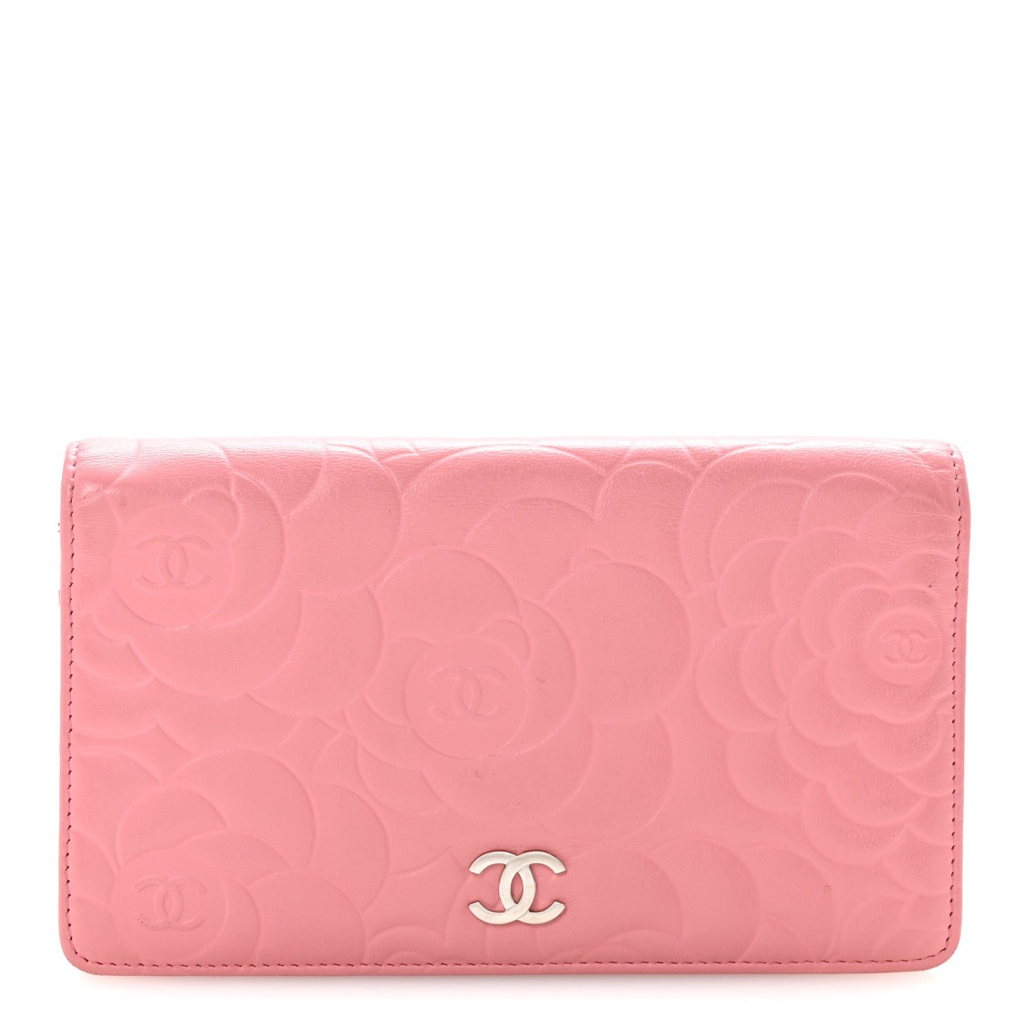 Chanel Lambskin Camellia Embossed Yen Wallet Pink