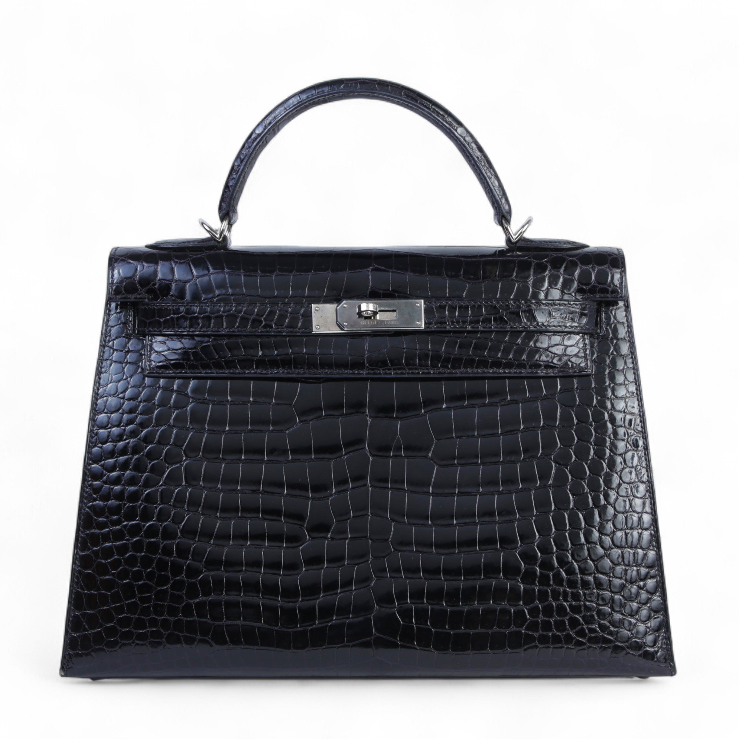 Hermes Good ( Rank AB) HERMÈS Kelly 32 Sellier Noir (89) Shiny Porosus Crocodile Palladium hardware Square G (2003)