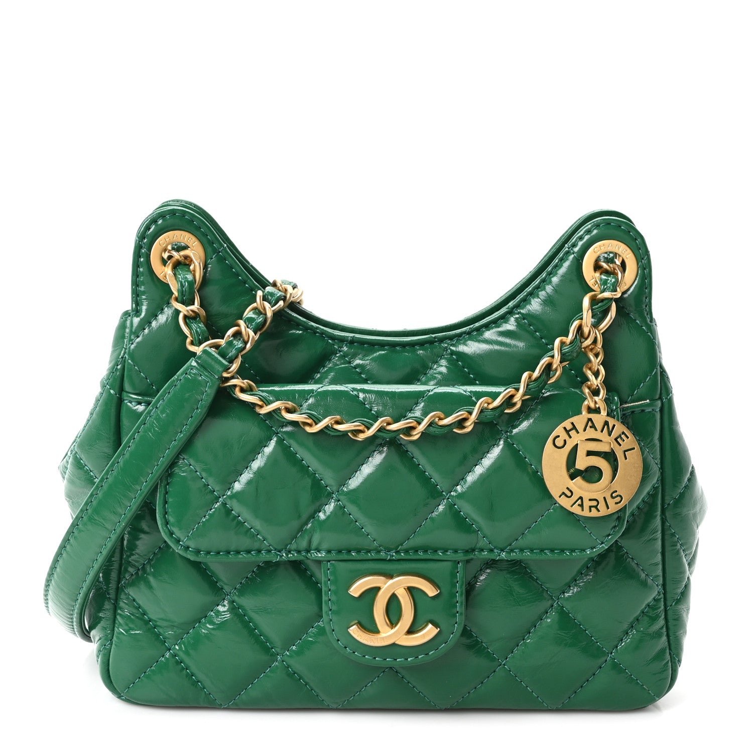 Chanel Shiny Crumpled Calfskin Quilted Small Wavy CC Hobo Green