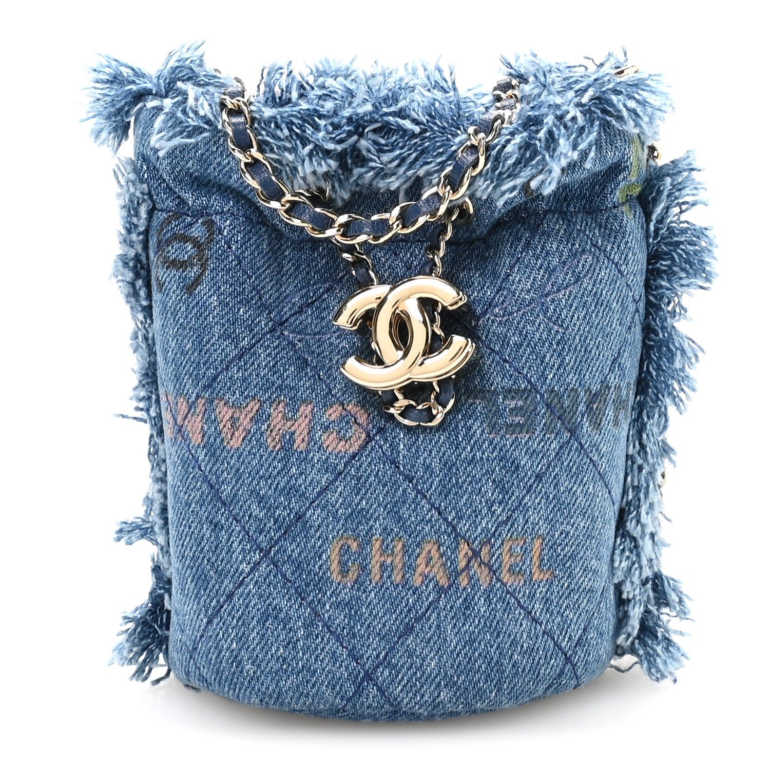 Chanel Denim Quilted Mood Mini Bucket With Chain Blue Multicolor
