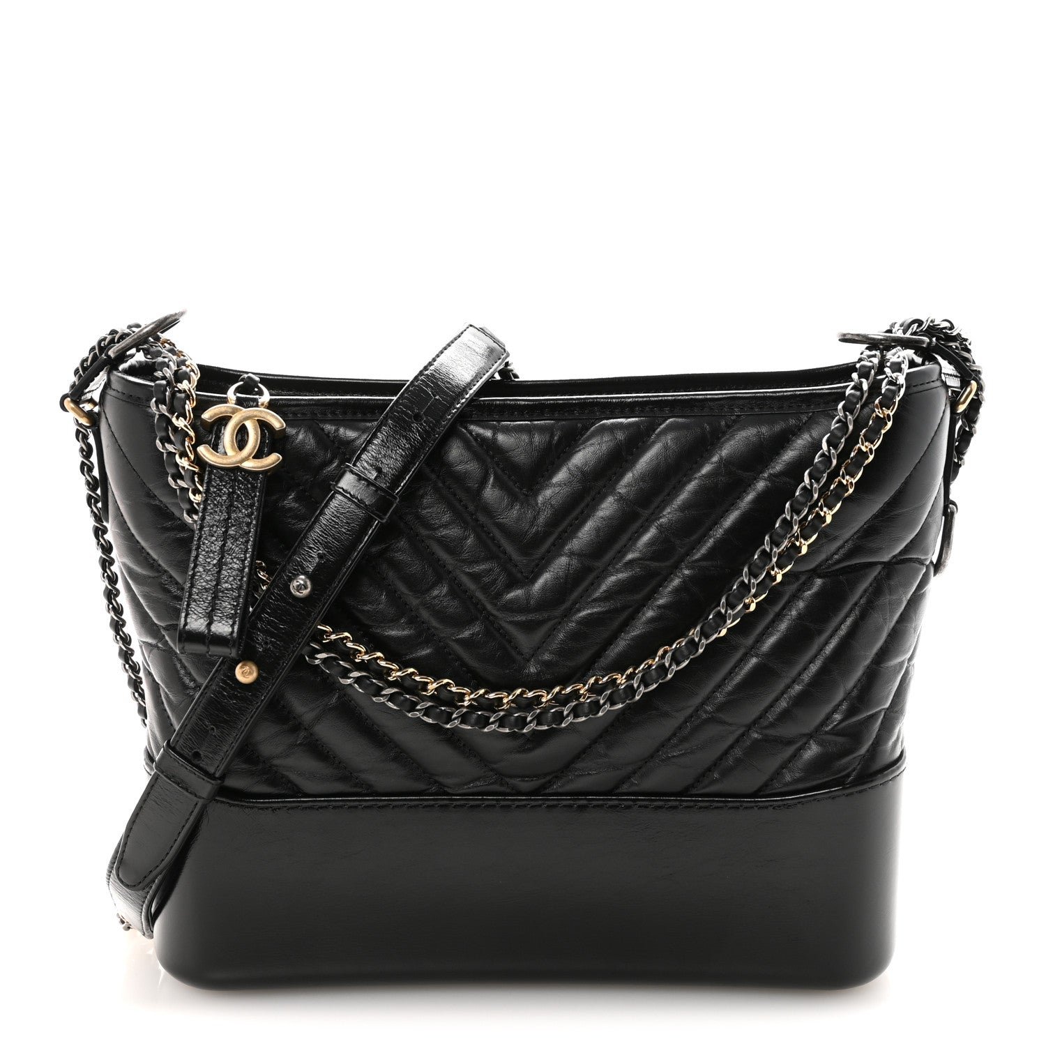 Chanel Aged Calfskin Chevron Quilted Medium Gabrielle Hobo Black