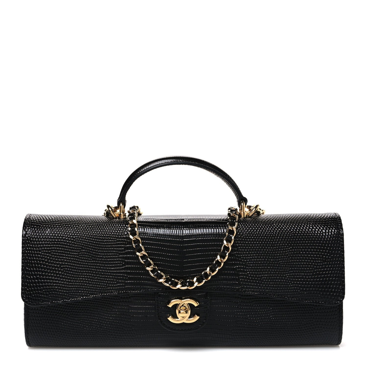 Chanel Calfskin Lizard Embossed Top Handle Long Clutch With Chain Black