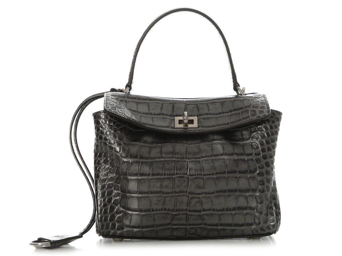 Balenciaga Balenciaga Mini Gunmetal Croc-Embossed Rodeo