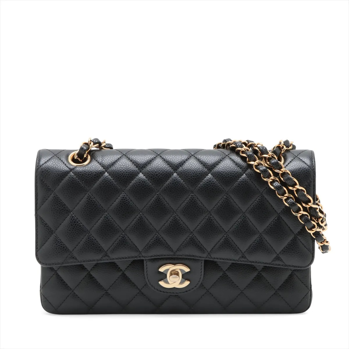 Chanel Matelasse 25 Caviar Skin Double Flap Double Chain Bag Black Gold Metal Fi
