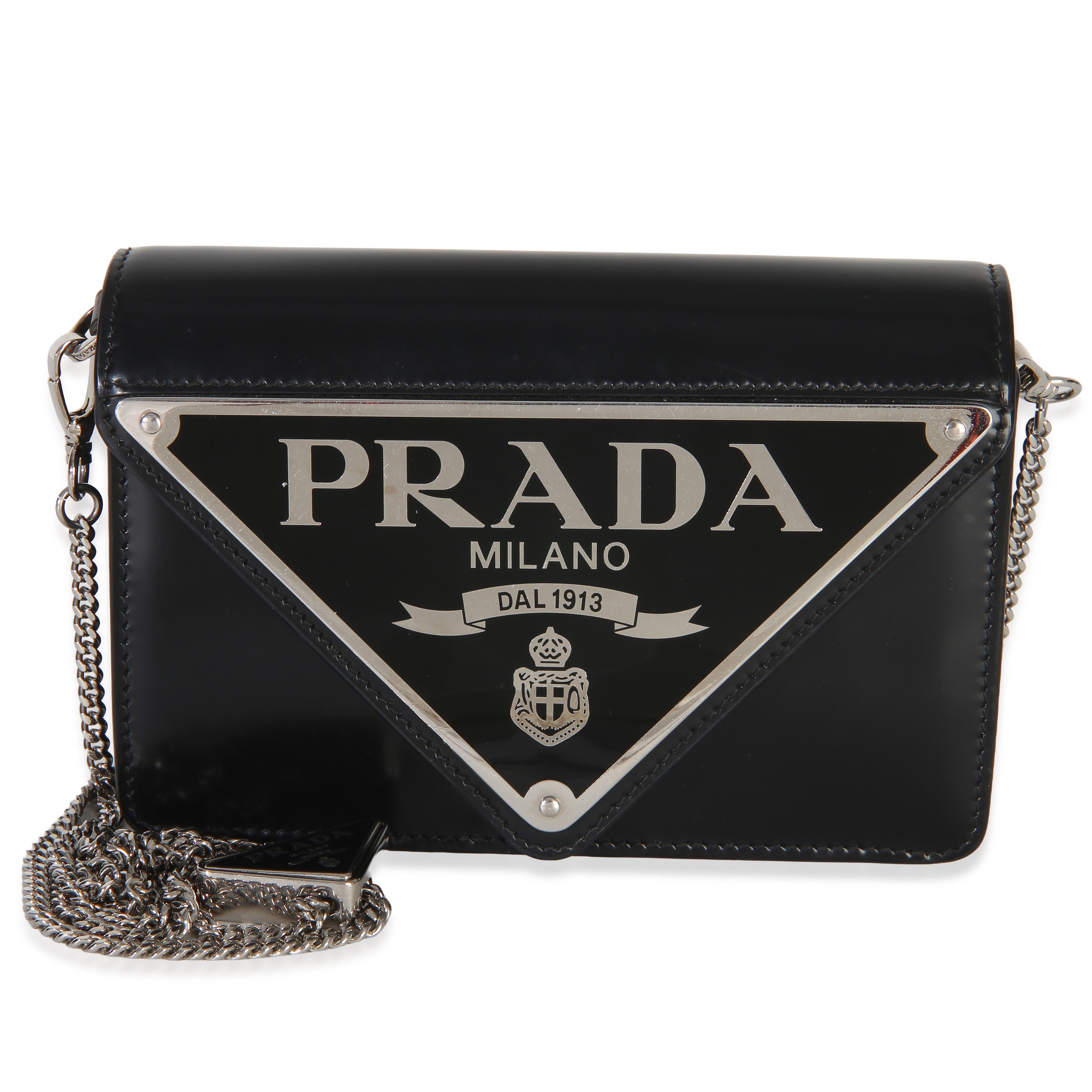 Black Spazzolato Triangle Logo Plate Flap Chain Crossbody Bag