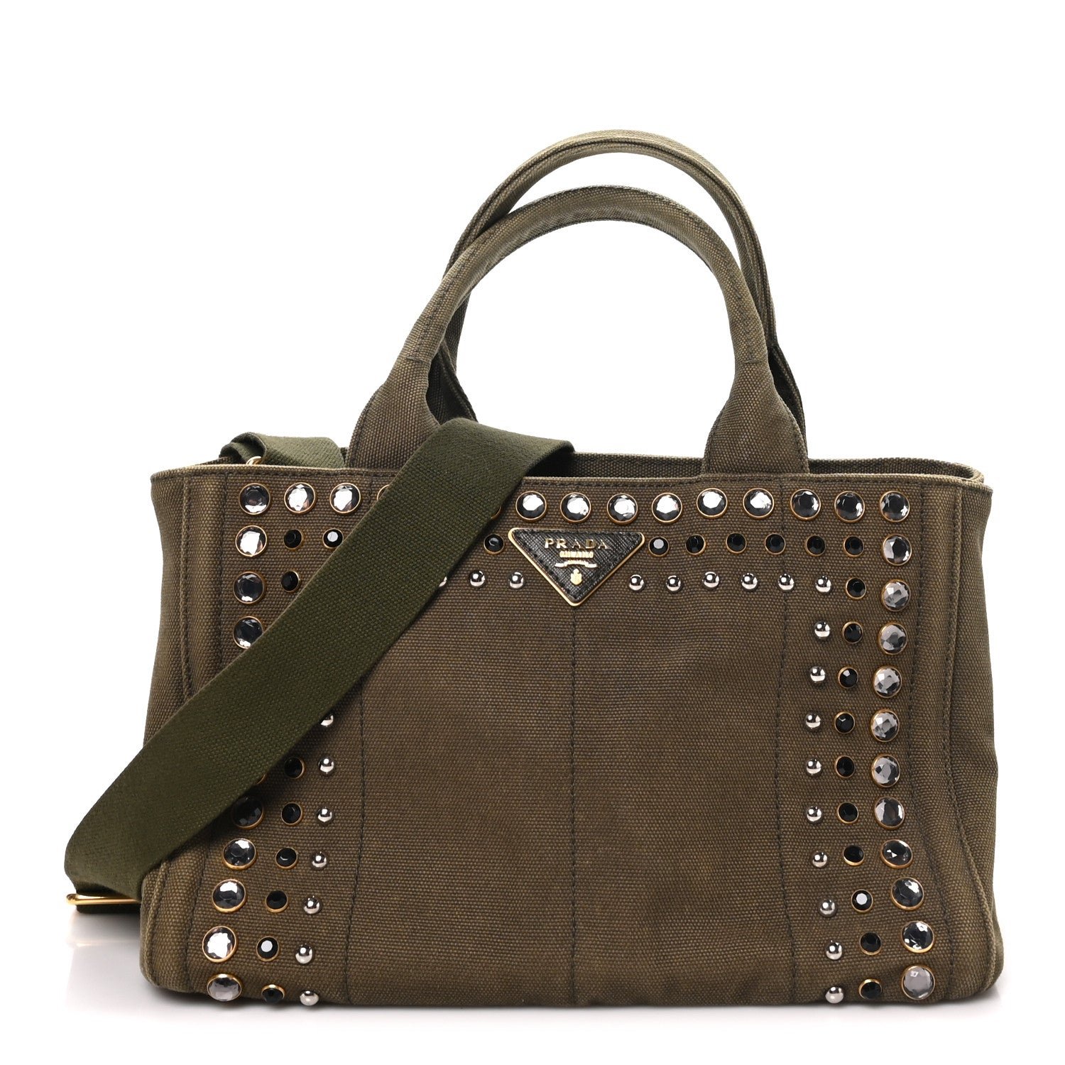 Prada Canvas Studded Crystal Canapa Tote Militare