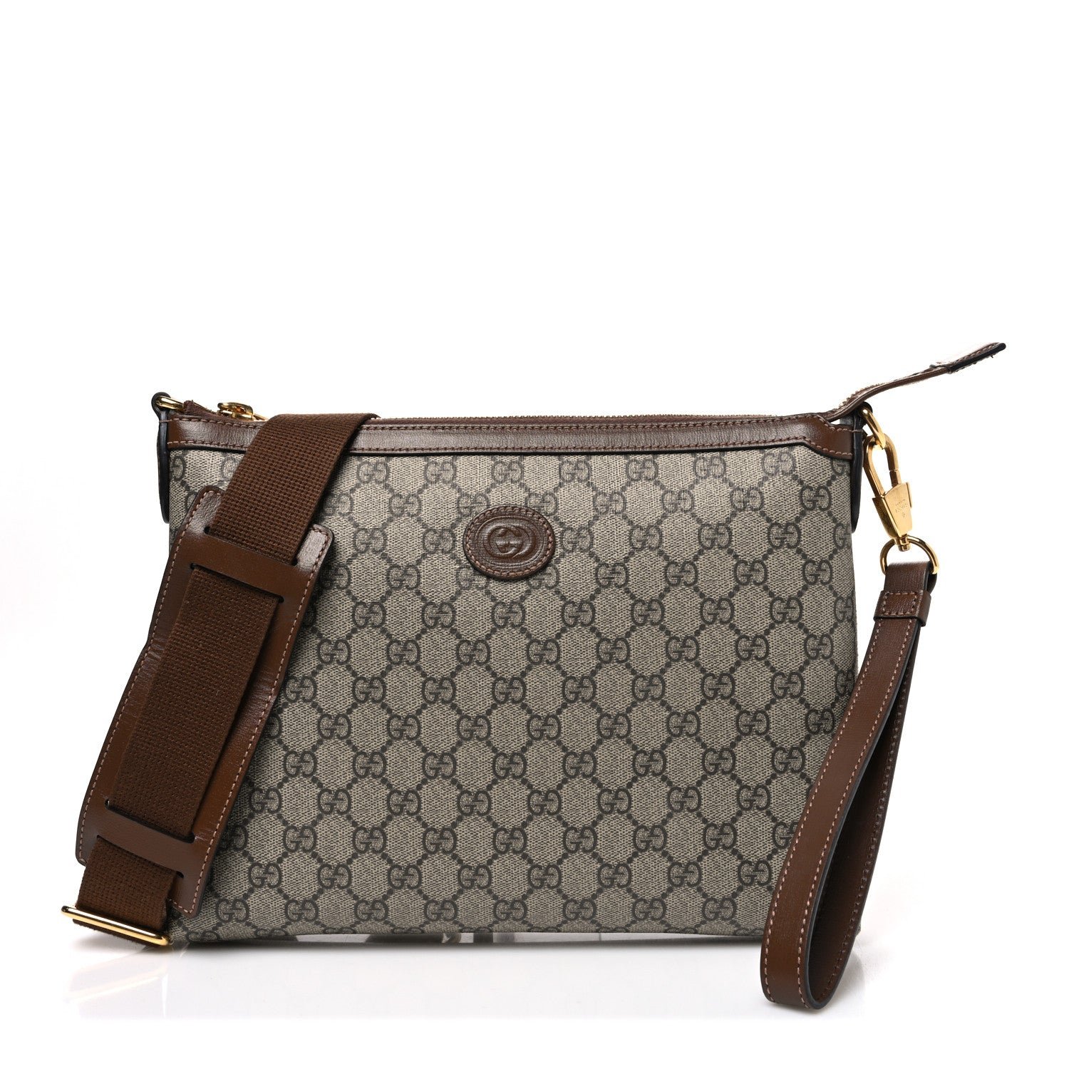 Gucci GG Supreme Monogram Azalea Calfskin Retro Interlocking G Wristlet Messenger Bag Beige Ebony Brown Sugar
