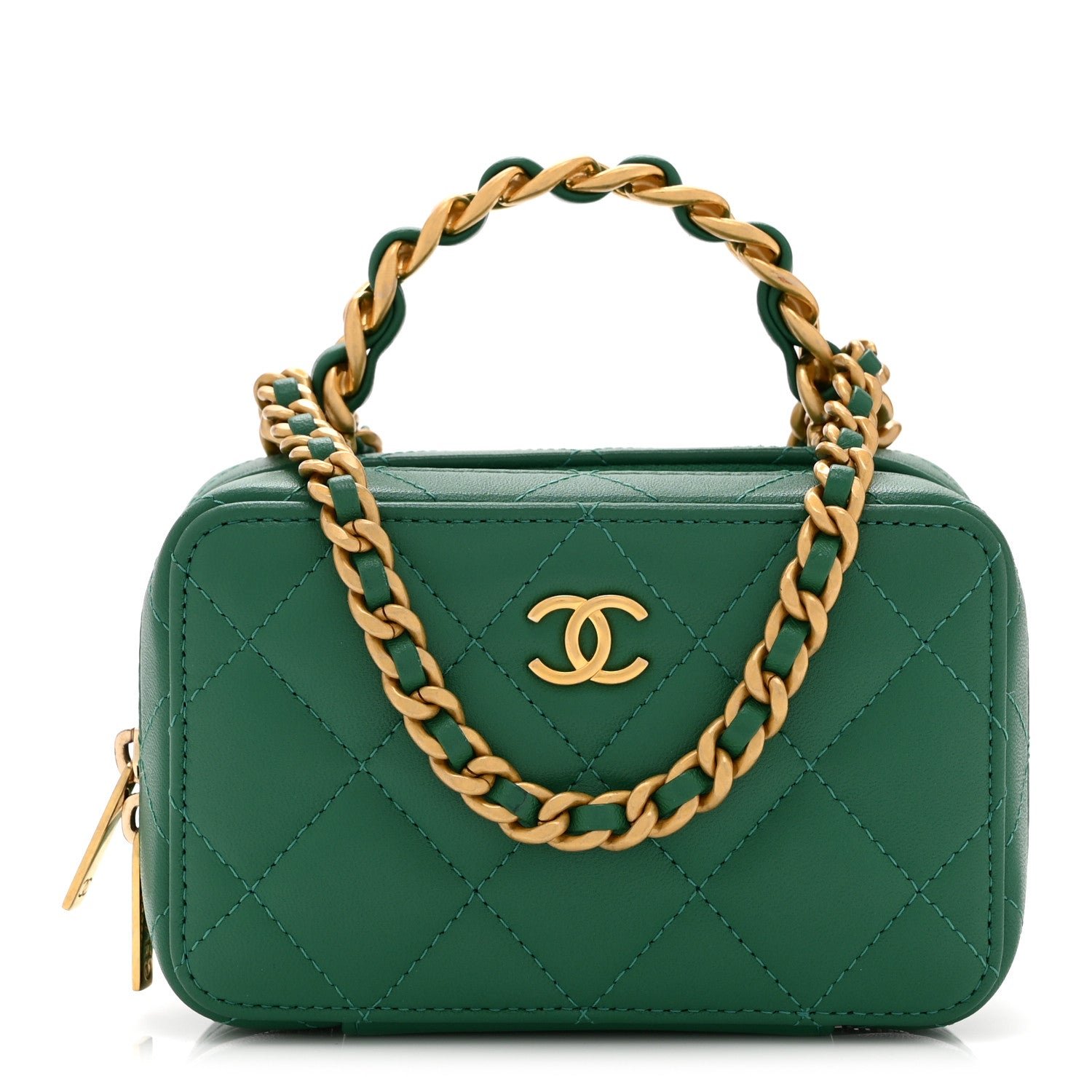Chanel Lambskin Quilted Top Handle Mini Vanity Case Green