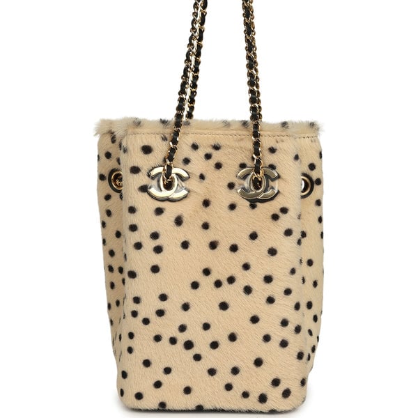 Chanel Mini "Cheetah Print" Bucket Bag with Chain Light Beige Calf Hair and Black Lambskin Gold Hardware