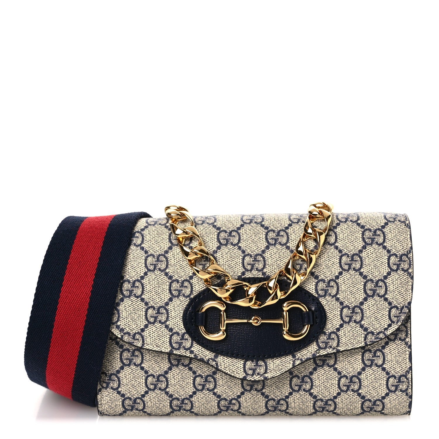 Gucci GG Supreme Monogram Azalea Calfskin Web Mini Horsebit 1955 Chain Shoulder Bag Beige Blue