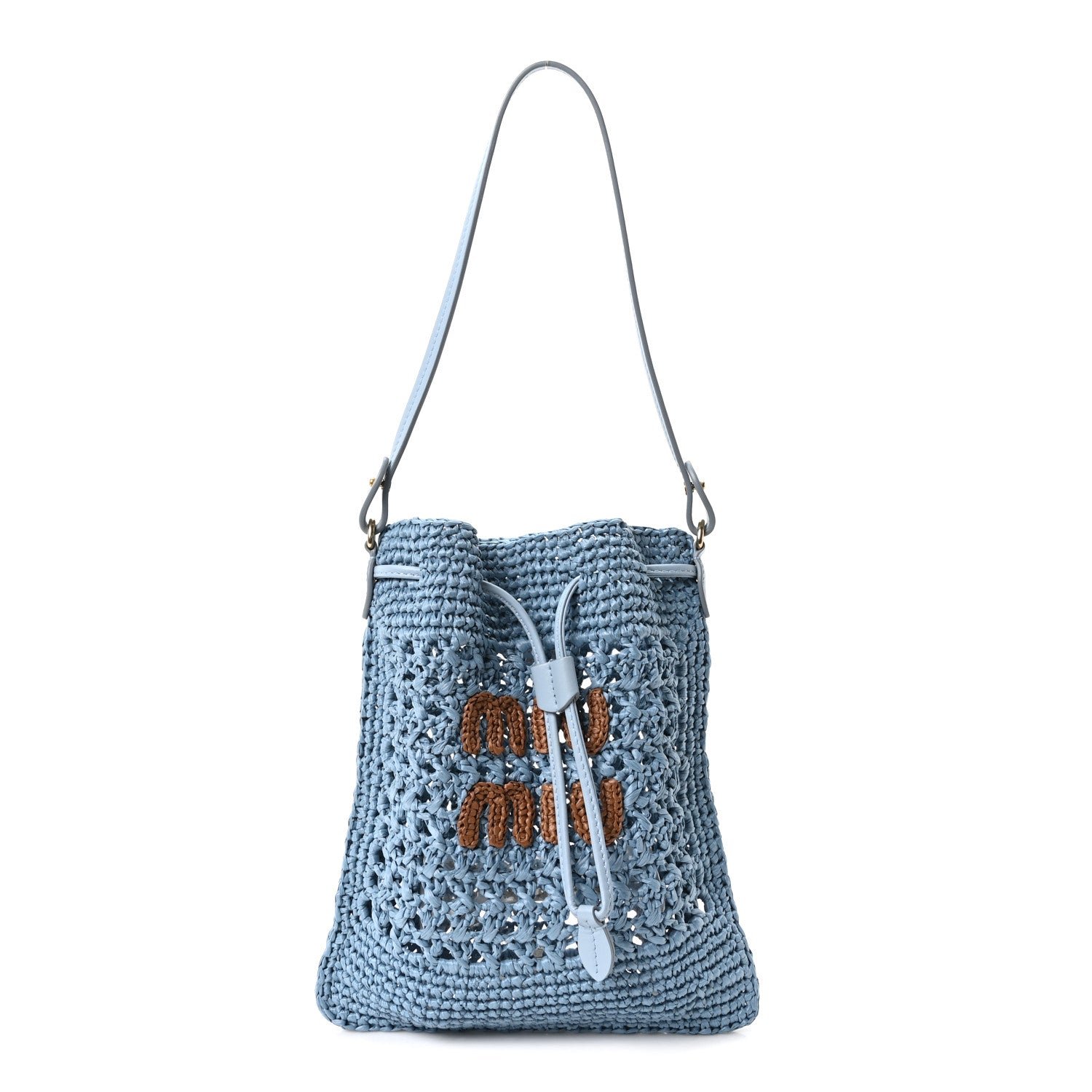 Miu Miu Crochet Rete Drawstring Pouch Celeste Cognac