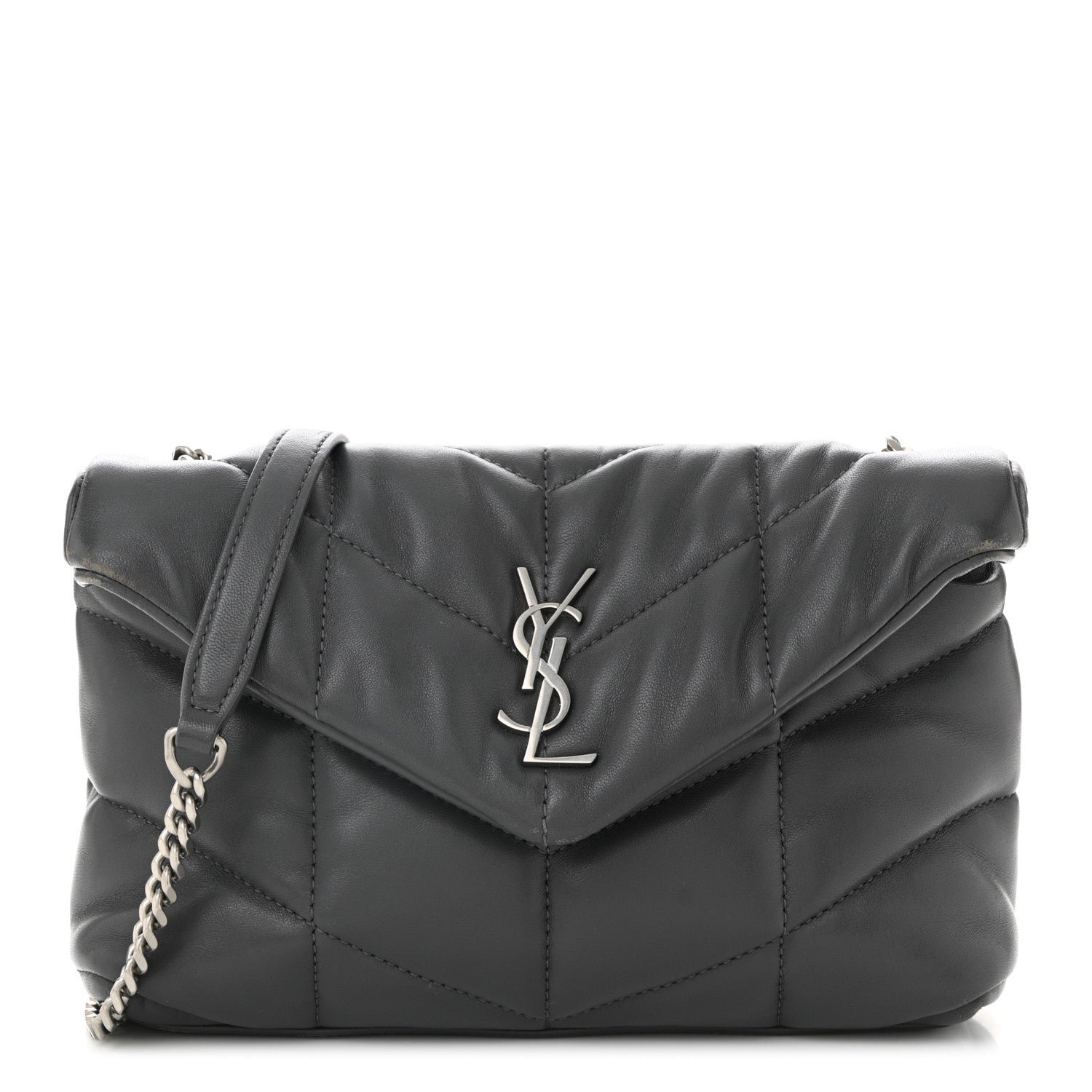 Saint Laurent Lambskin Quilted Small Loulou Puffer Monogram Chain Satchel Storm