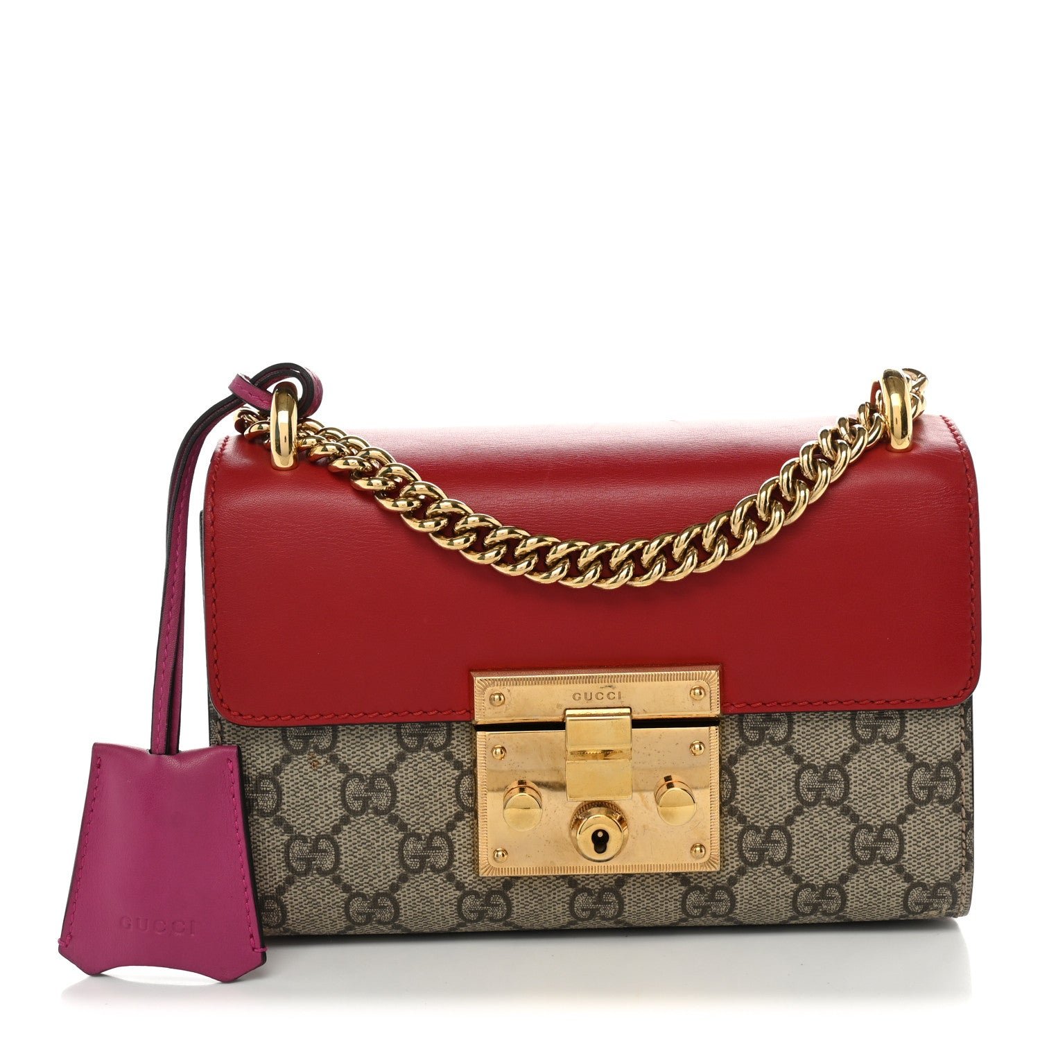 Gucci GG Supreme Monogram Calfskin Small Padlock Shoulder Bag Beige Hibiscus Red New Rosette