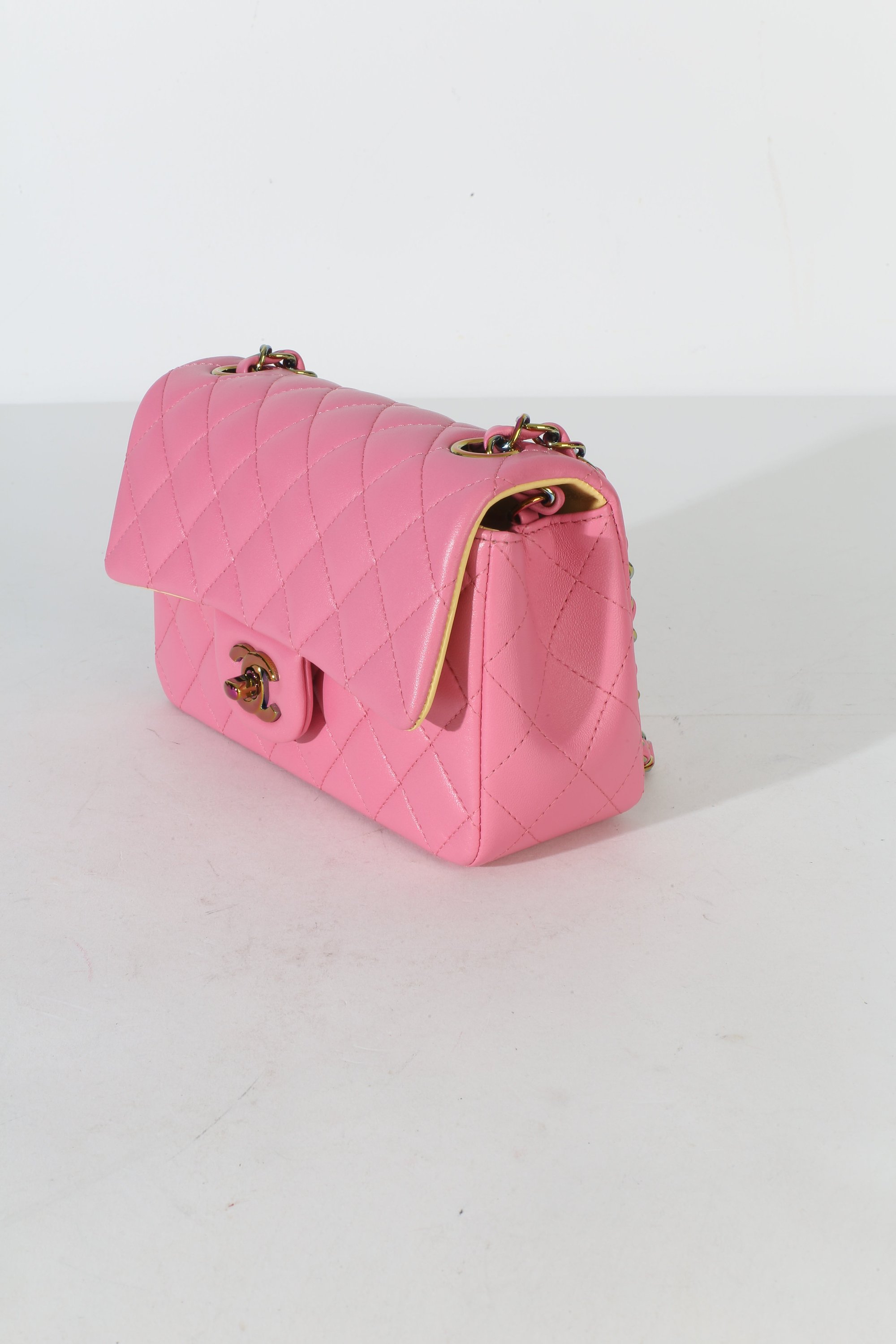Pink Quilted Lambskin Rainbow Mini Rectangular Flap Bag