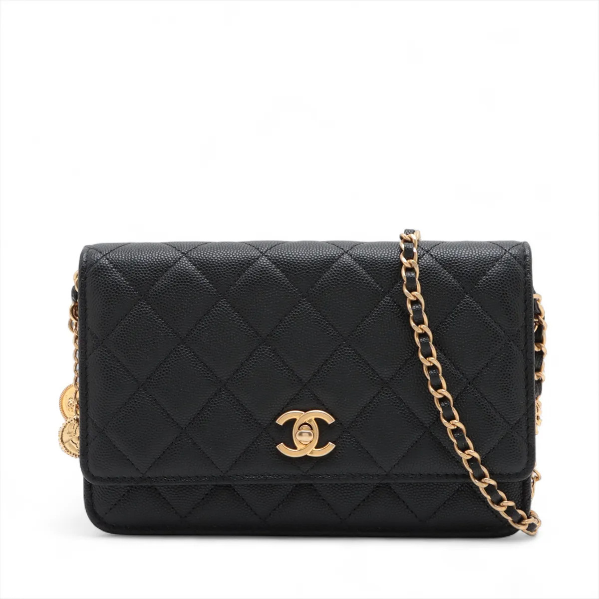 Chanel Matelasse Caviar Skin Chain Wallet Coin Black Gold Metal Fittings random