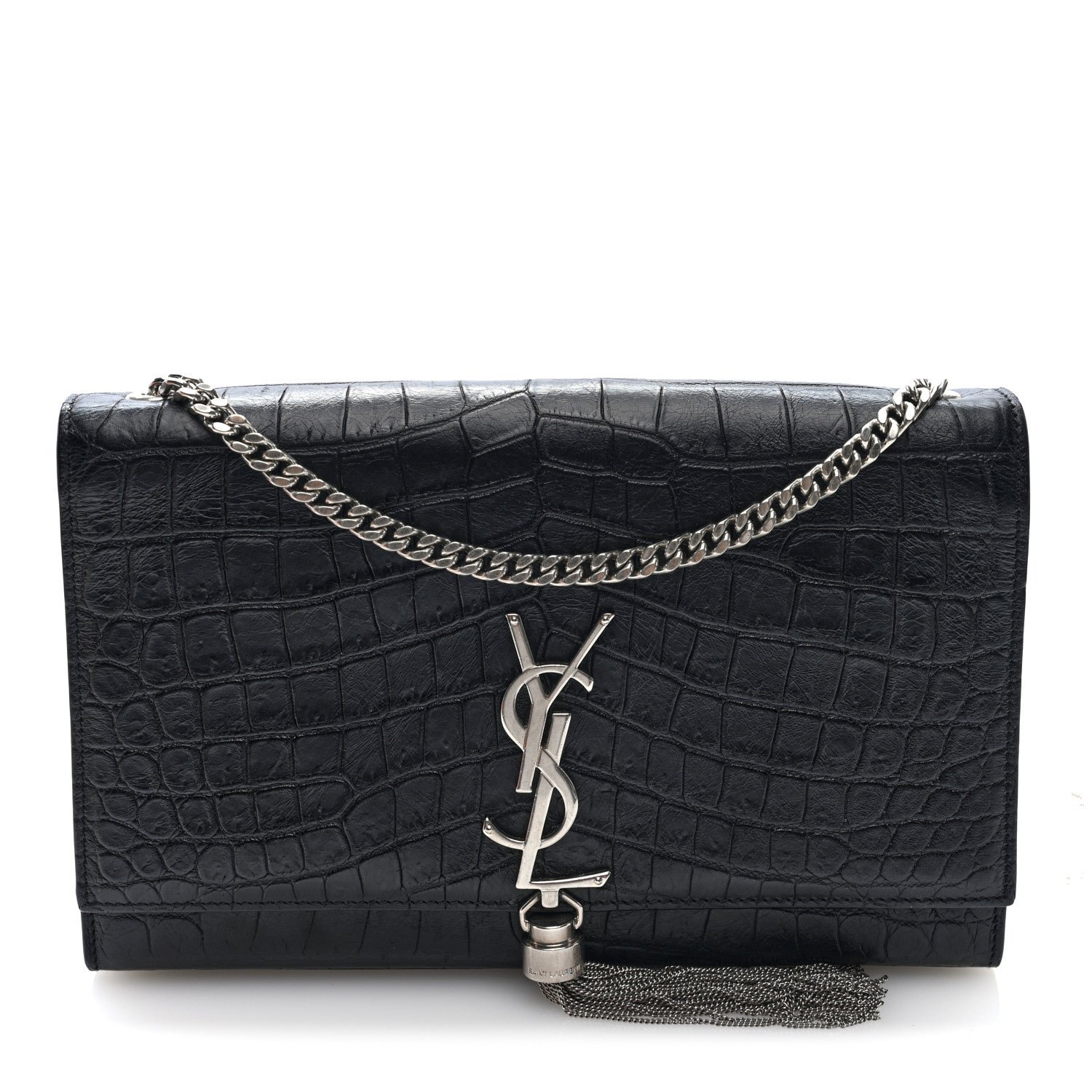Saint Laurent Calfskin Crocodile Embossed Medium Classic Monogram Kate Tassel Satchel Black