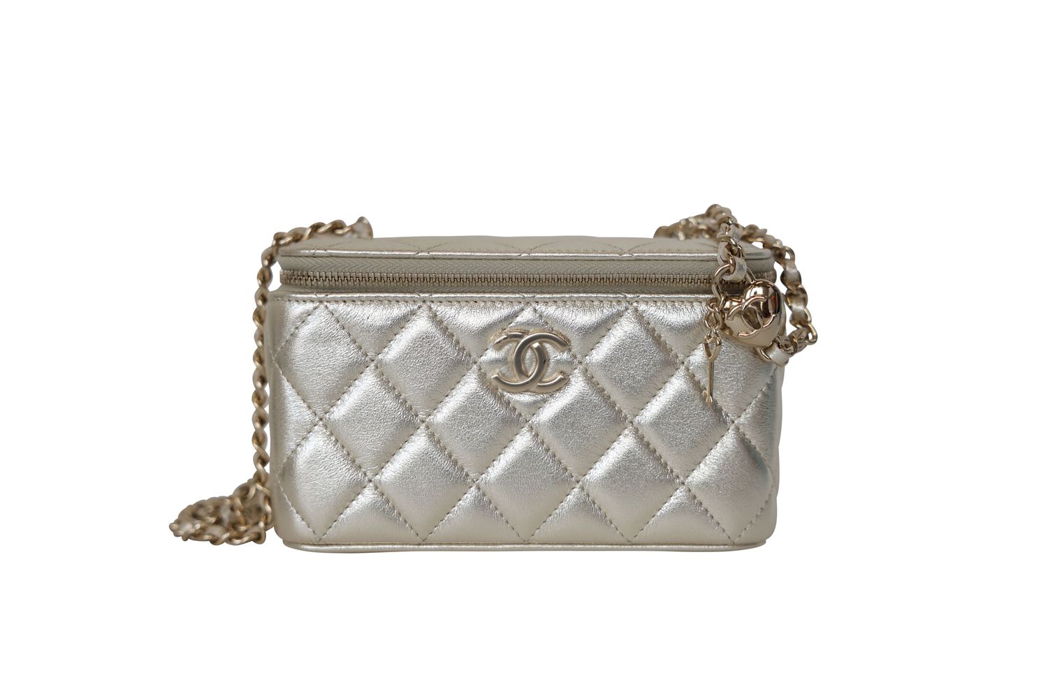 Chanel 26P Vanity with Chain Heart Charm, Gold Metallic Lambskin with Gold Hardware, New in Box WA001