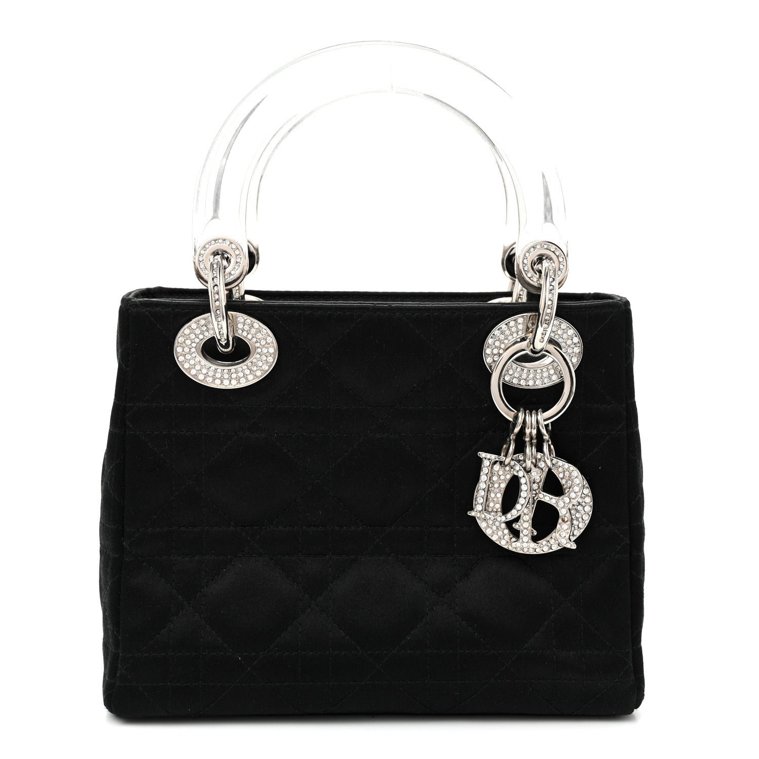 Christian Dior Satin Swarovski Crystal Acrylic PVC Cannage Mini Lady Dior Black