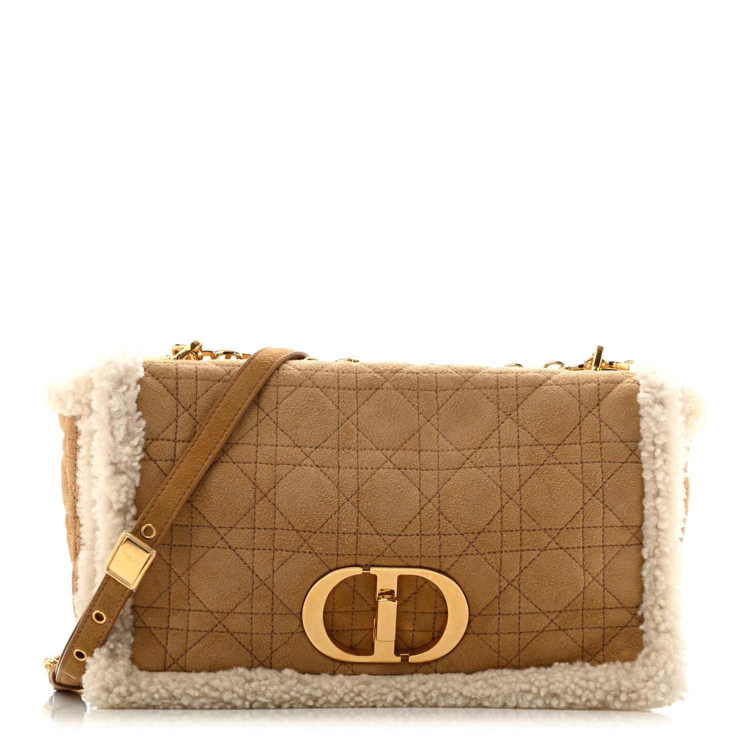 Christian Dior Shearling Cannage Large Caro Bag Camel